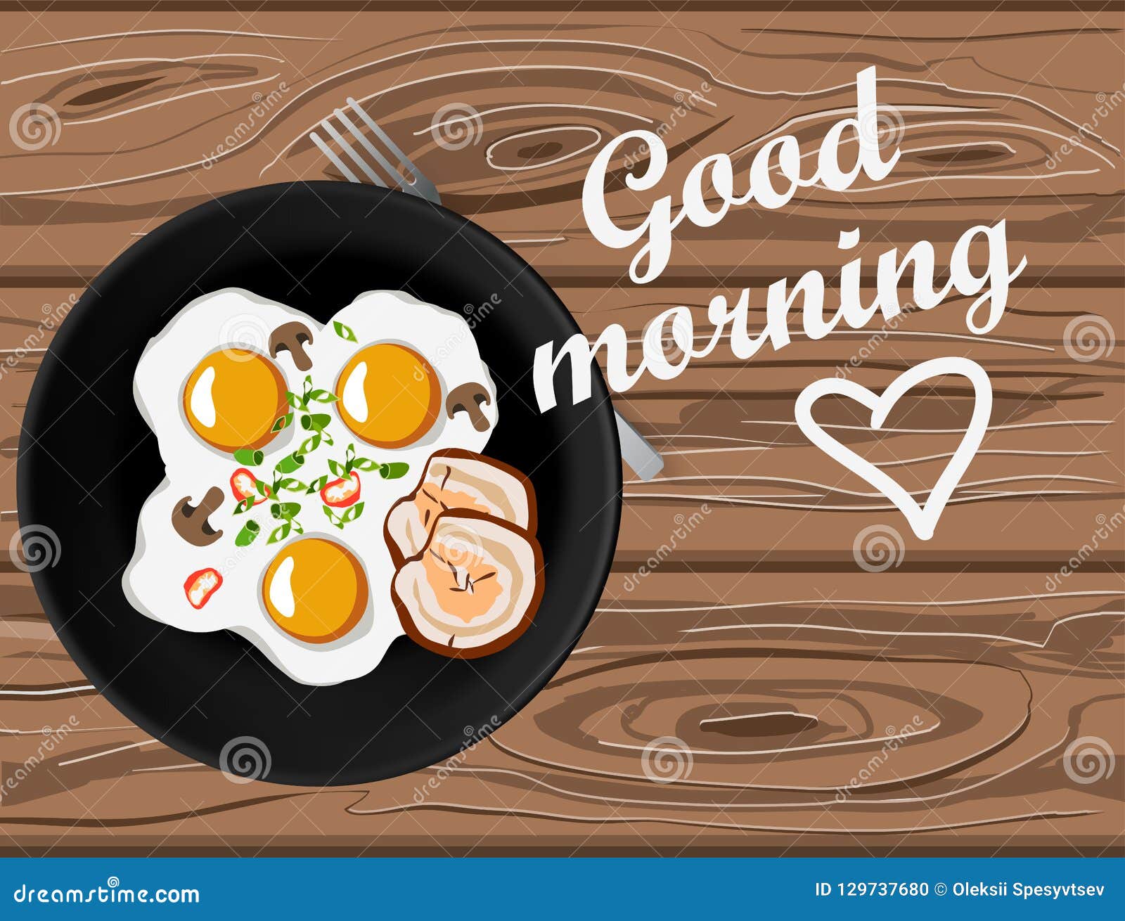 Fried Eggs and Bacon Top View on Wooden Table with Good Morning ...