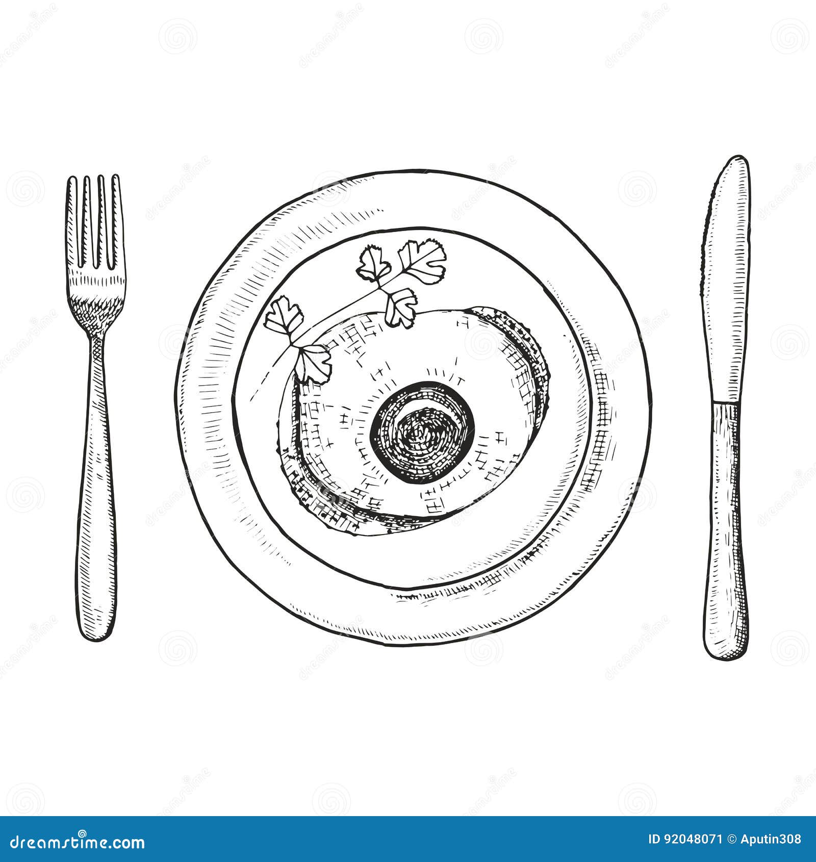 Fried Eggs On A Plate With A Fork And Knife. Vector Hand Drawing Stock