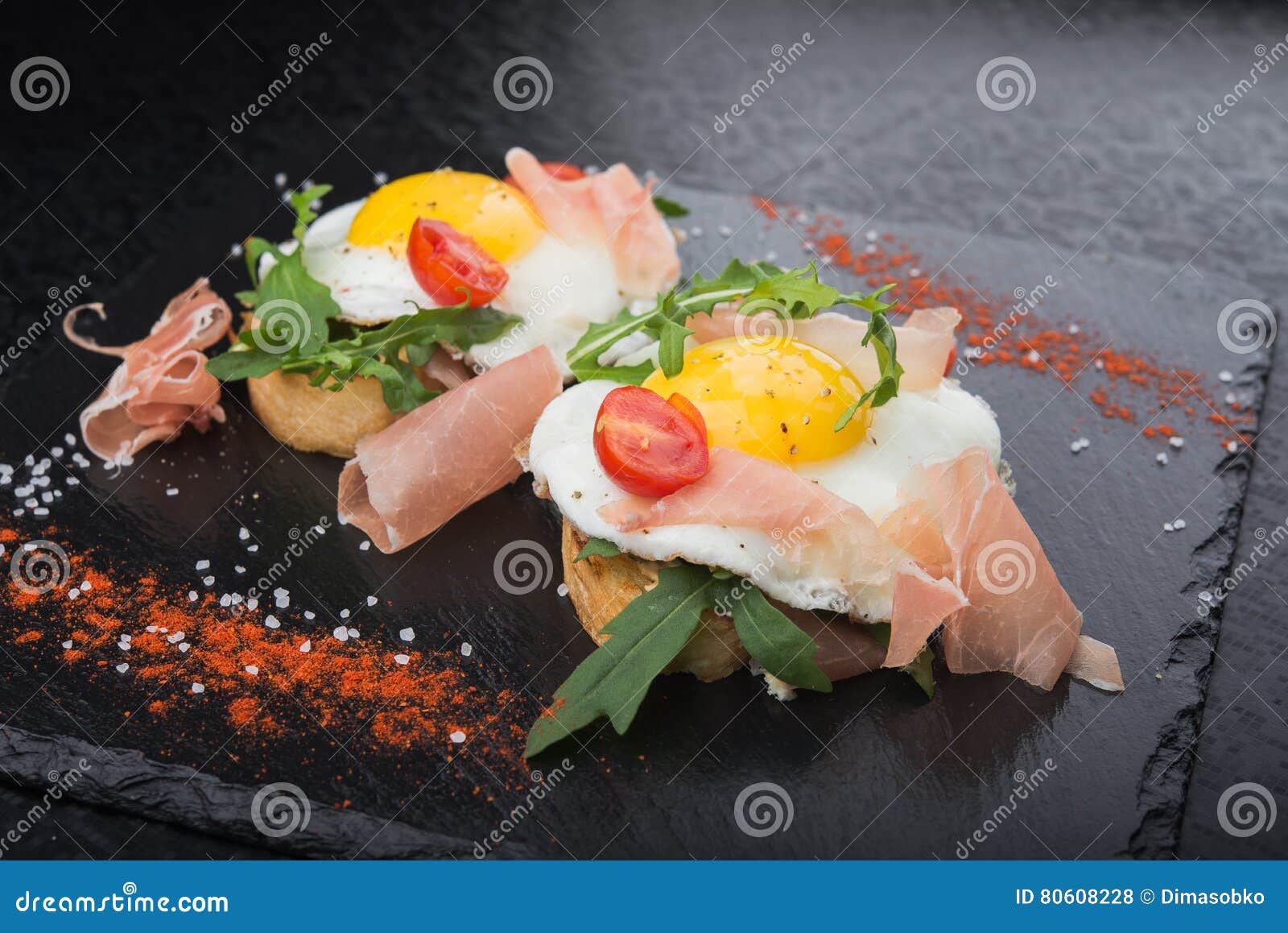 Fried Eggs with Prosciutto and Arugula Stock Photo Image of avocado