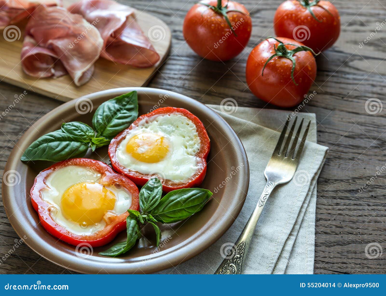 Fried Eggs with Prosciutto on the Wooden Table Stock Photo Image of