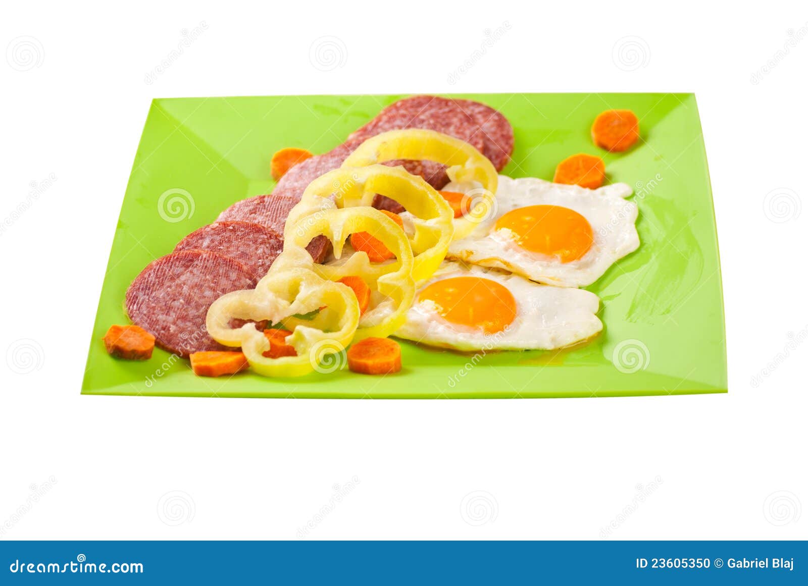 Fried Eggs with Salami on Green Plate Stock Photo Image of plate