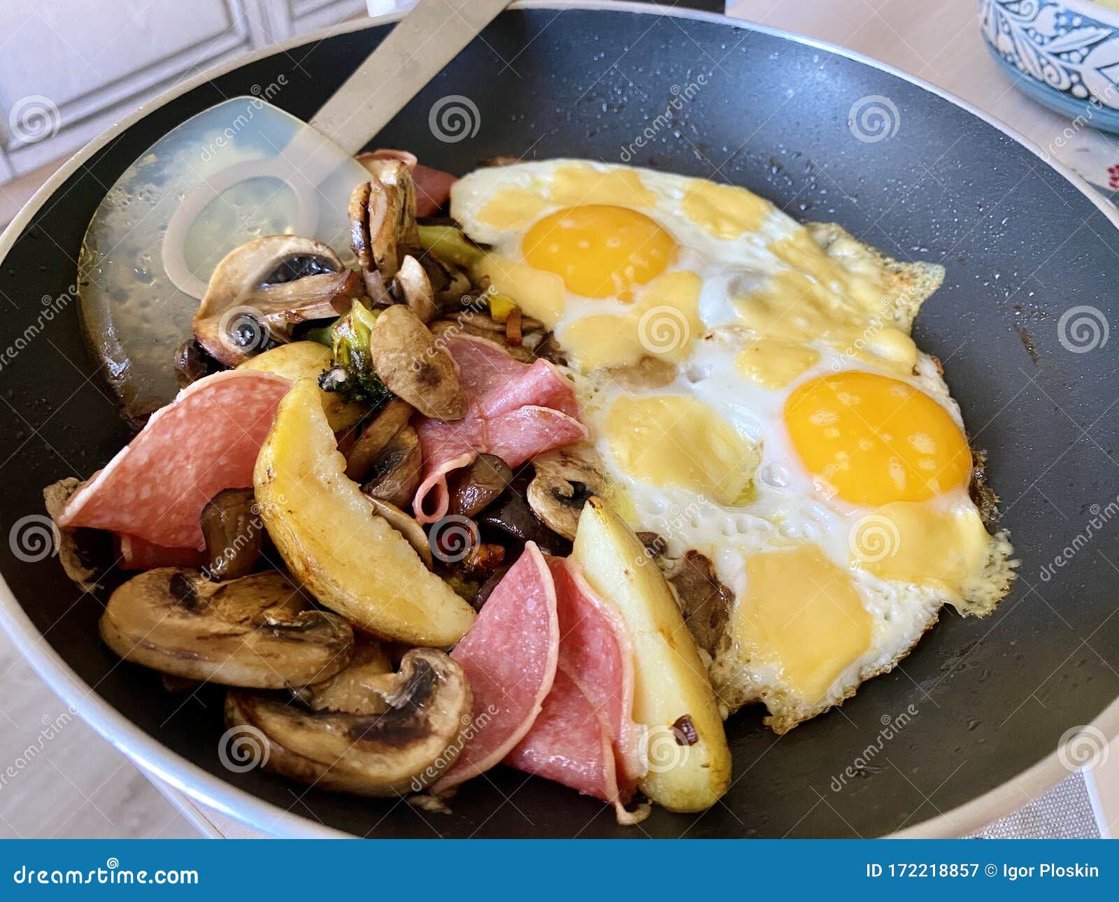 Fried Eggs with Salami and Mushrooms in a Pan Stock Image Image of