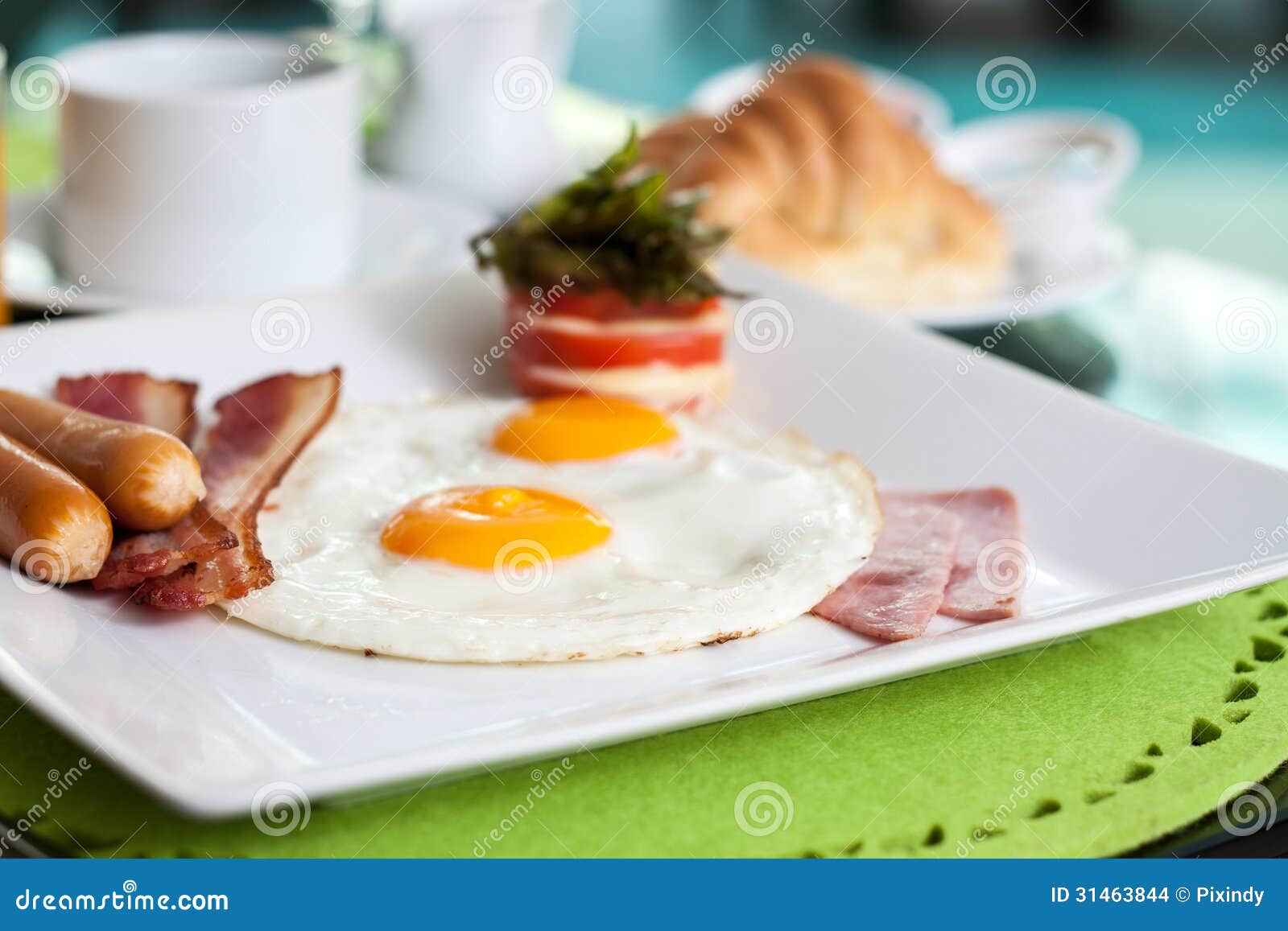 Fried Eggs with Sausage, Bacon, Ham and Tomato Cheese Stock Photo Image of plate, morning