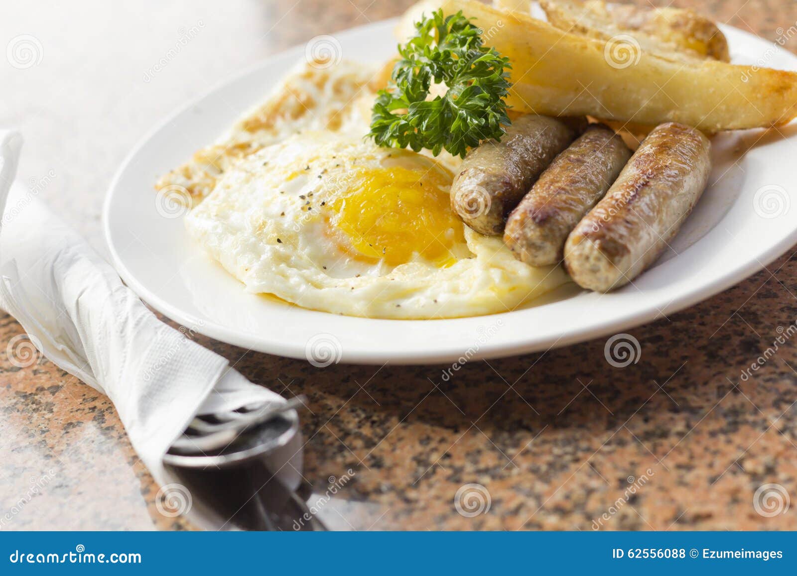 Fried Eggs Sausage Home Fries Stock Photo Image of food, fork 62556088