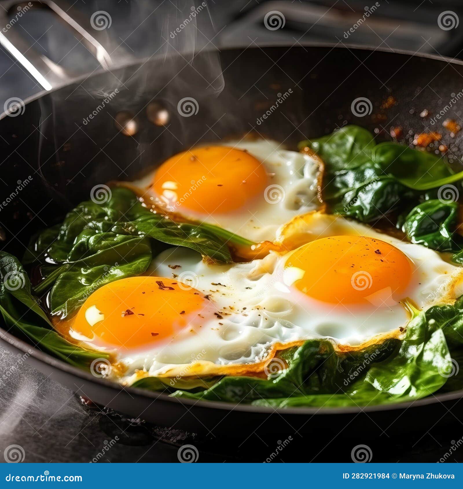 Fried Eggs with Spinach Greens in a Pan, Protein Food, Low Calorie