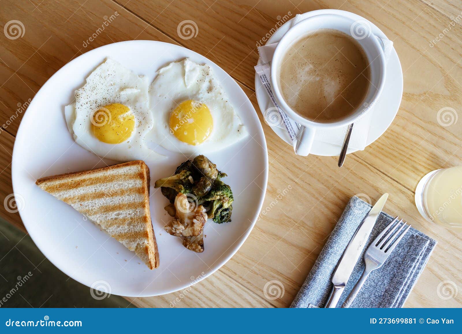 Fried Eggs with Toast and Coffee, Traditional Breakfast in Hotel. Stock