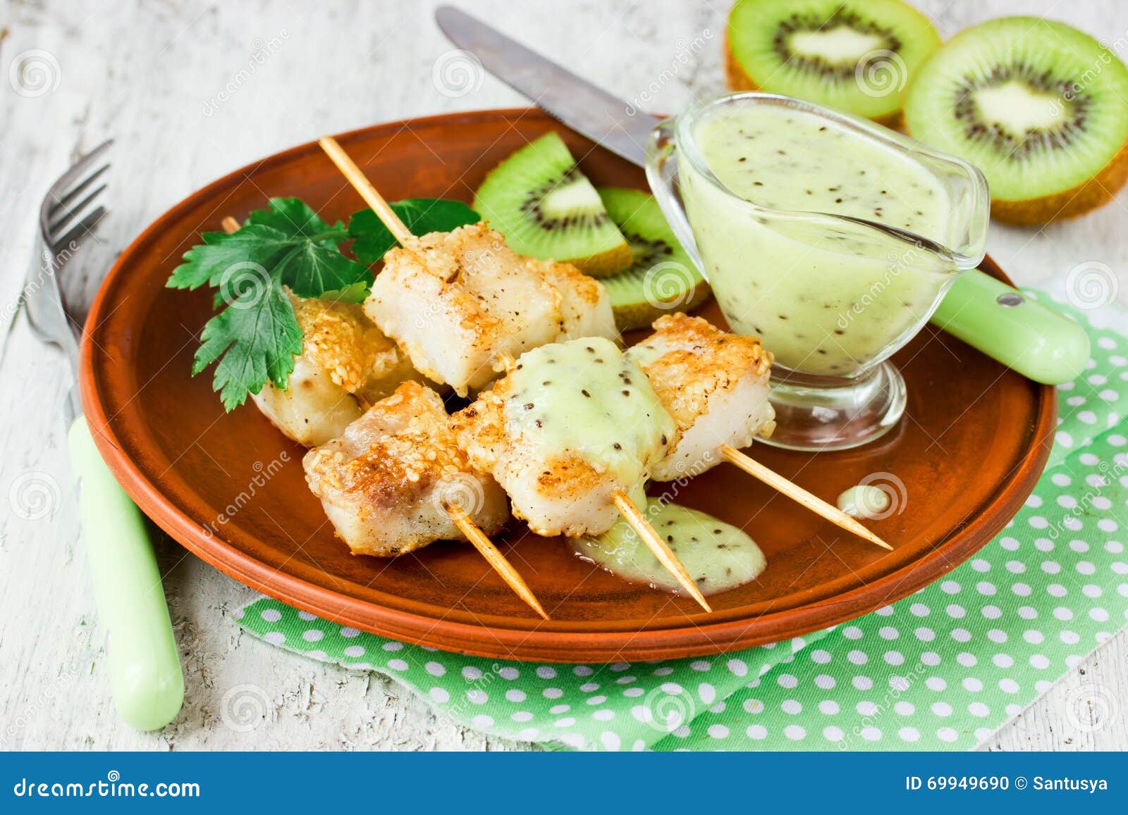 Fried Fish on Bamboo Skewers with Kiwi Sauce Stock Photo Image of