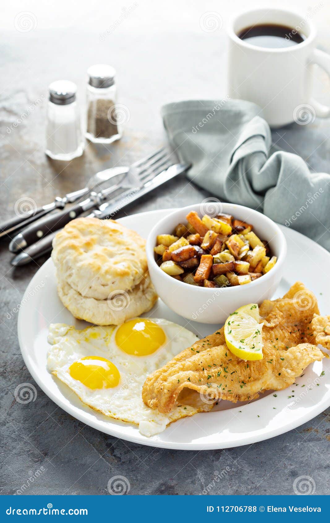 Fried Fish Breakfast with Sunny Side Up Eggs Stock Photo Image of