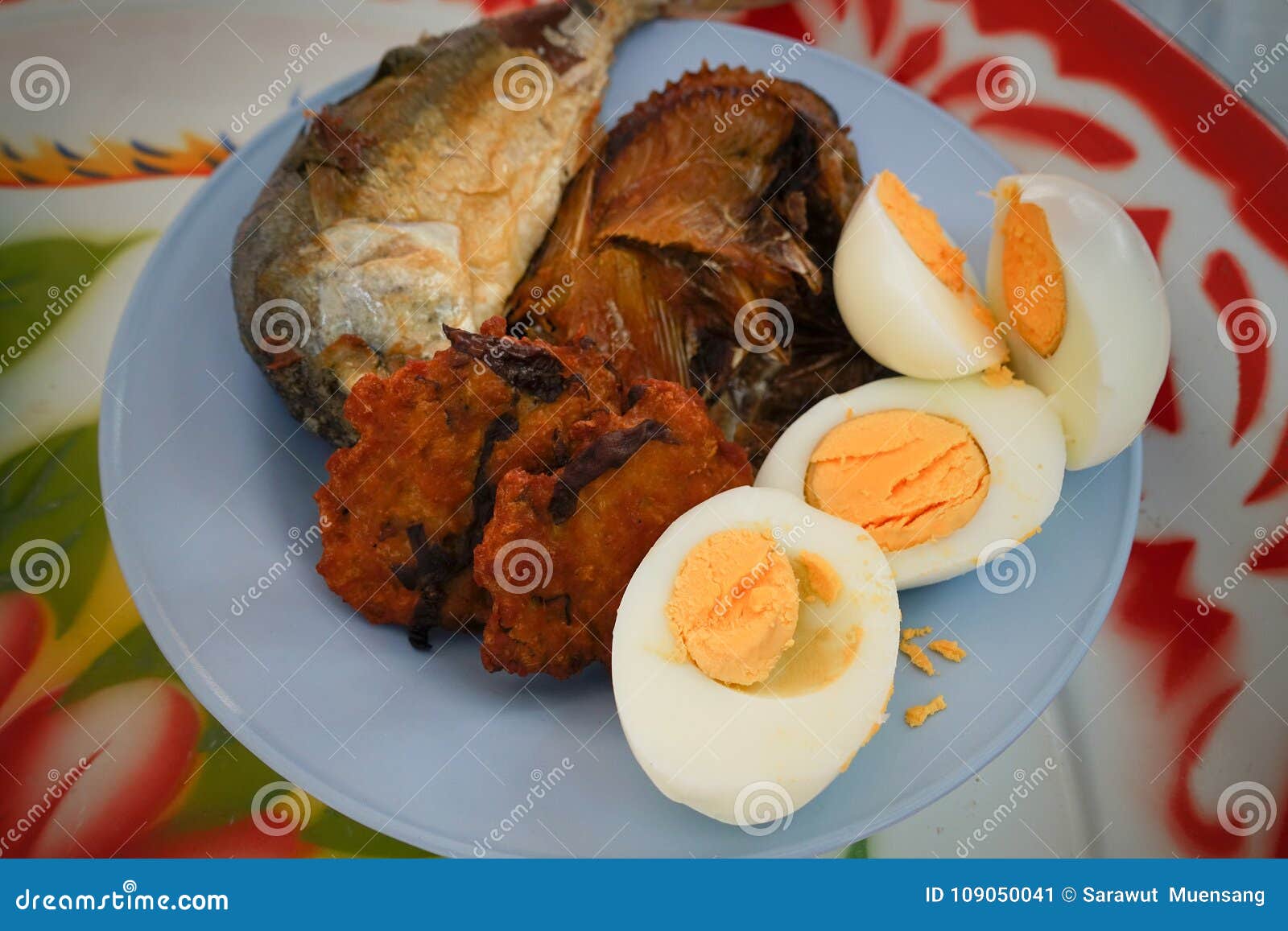 Fried Fish and Eggs on Plate. Stock Image - Image of cereal, cucumber:  109050041