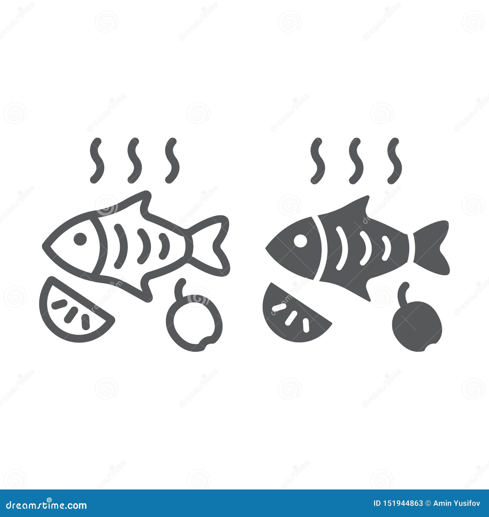 Fried Fish Line and Glyph Icon, Food and Sea, Grilled Fish Sign