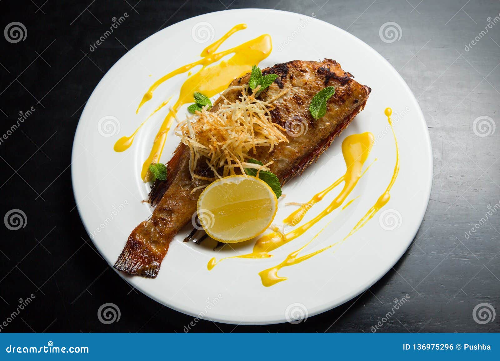 Fried Fish on a Plate with Lemon Stock Photo Image of dill