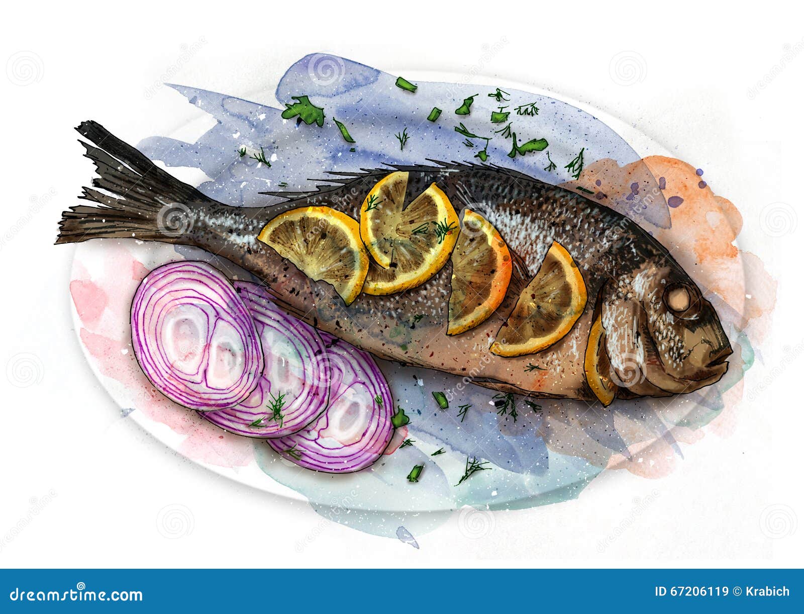 Fried Fish On A Plate With Shallots And Lemon Slices, Sketch Stock