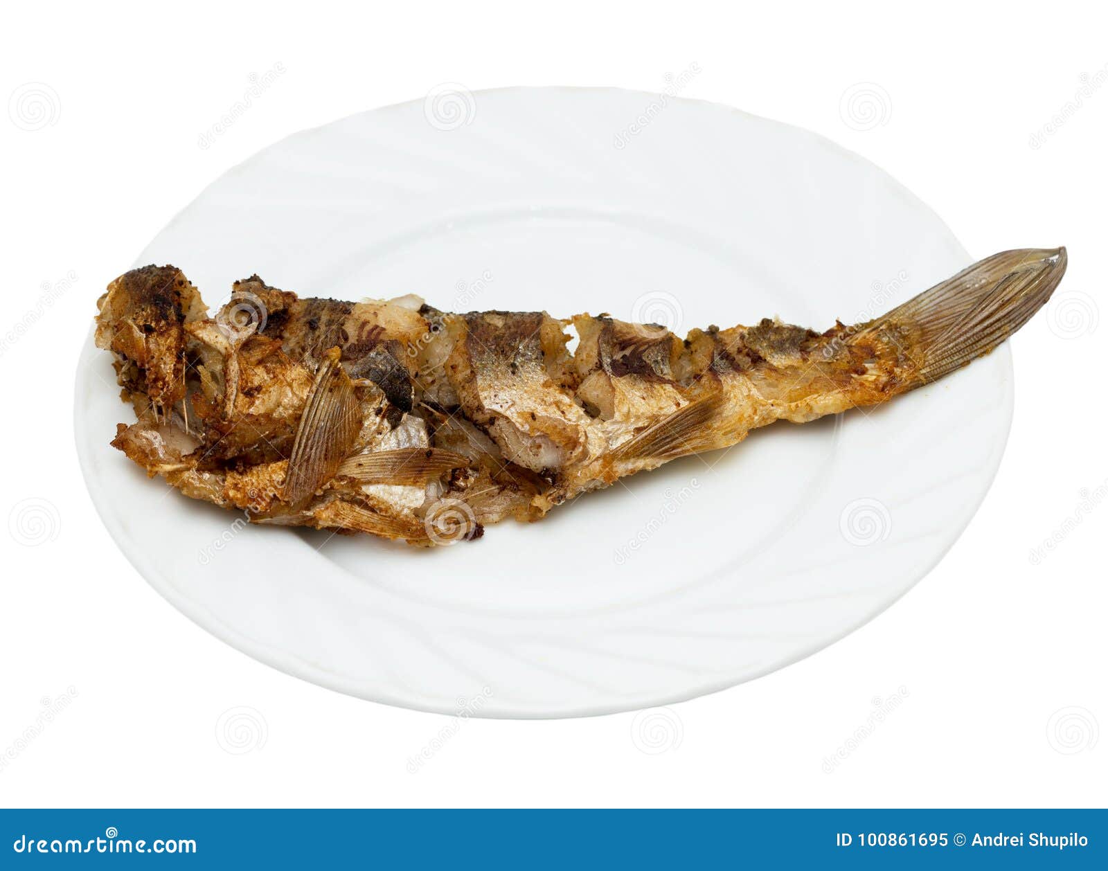 Fried Fish on a Plate on White Background Stock Image Image of
