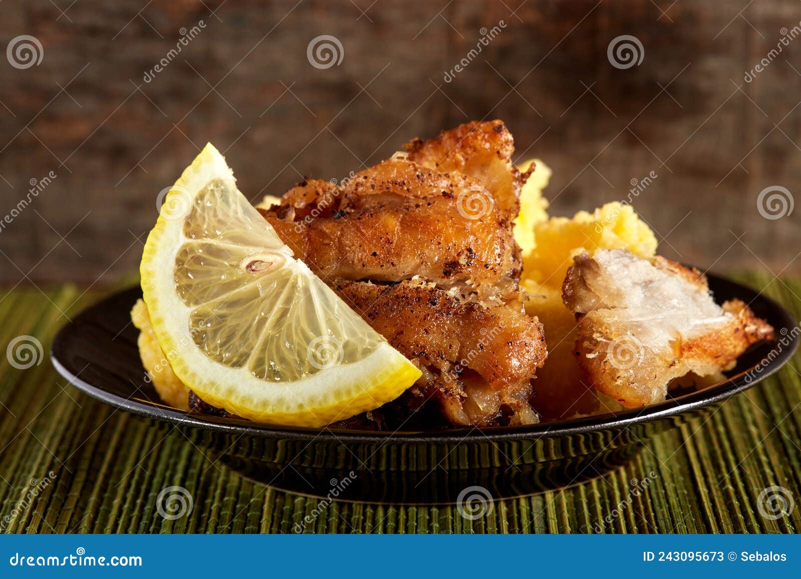 Fried Fish with Polenta and One Slice of Lemon Stock Image Image of