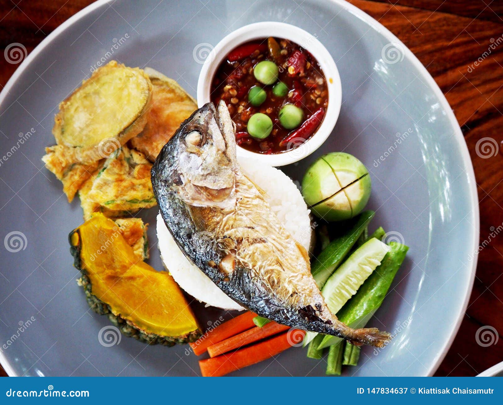 Fried Fish with Rice and Vegetables Stock Image - Image of asian, food