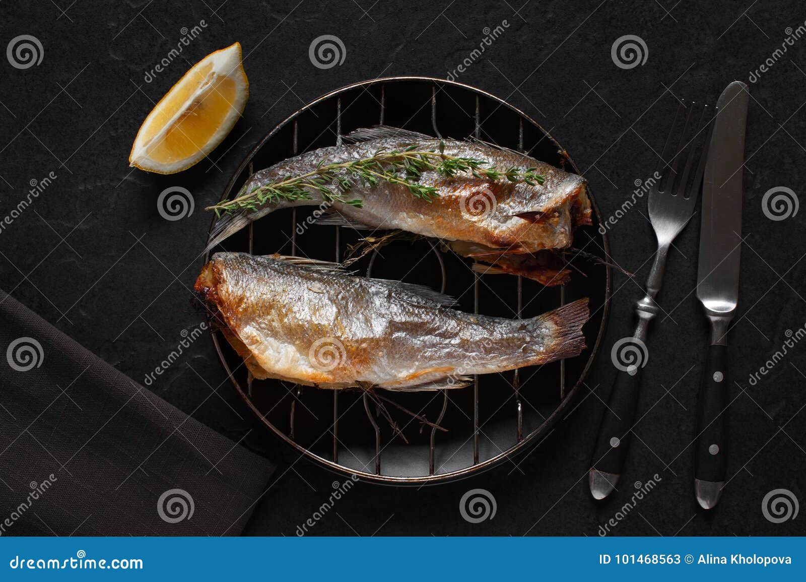 Fried Fish with Thyme and Lemon Stock Image Image of eating, dish