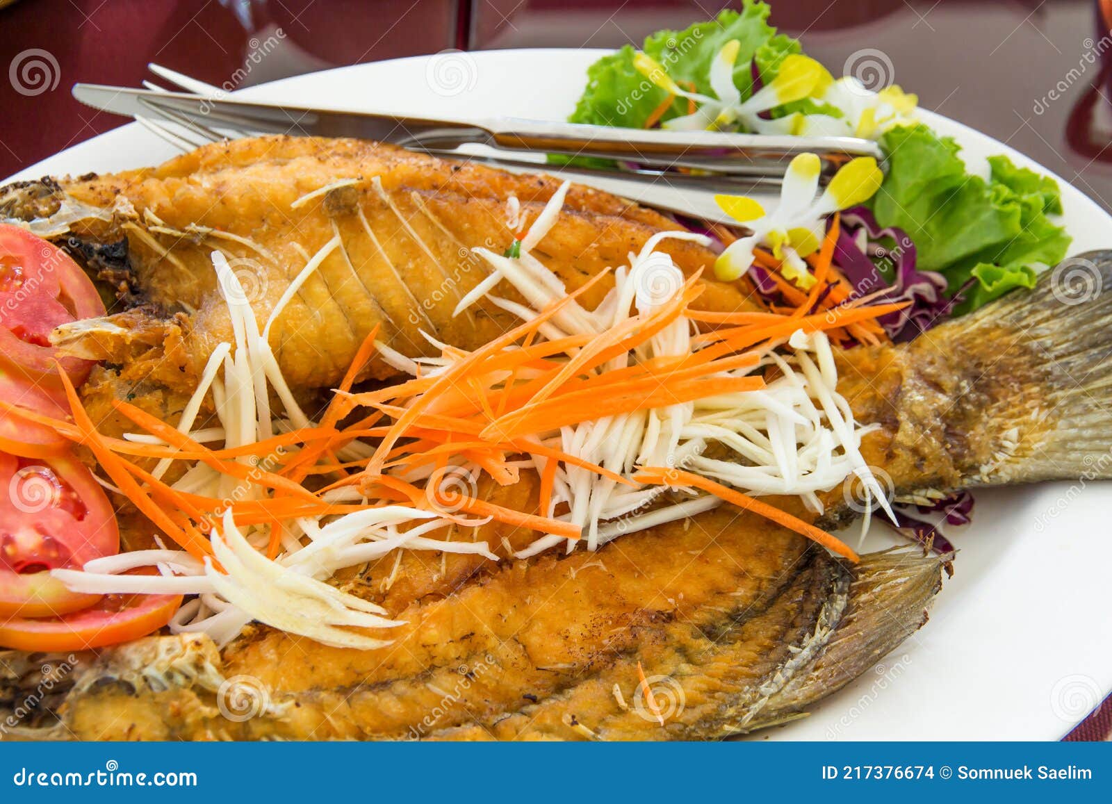 Fried Fish and Vegetable on Plate,fried Fish on Dish Wooden Table Stock