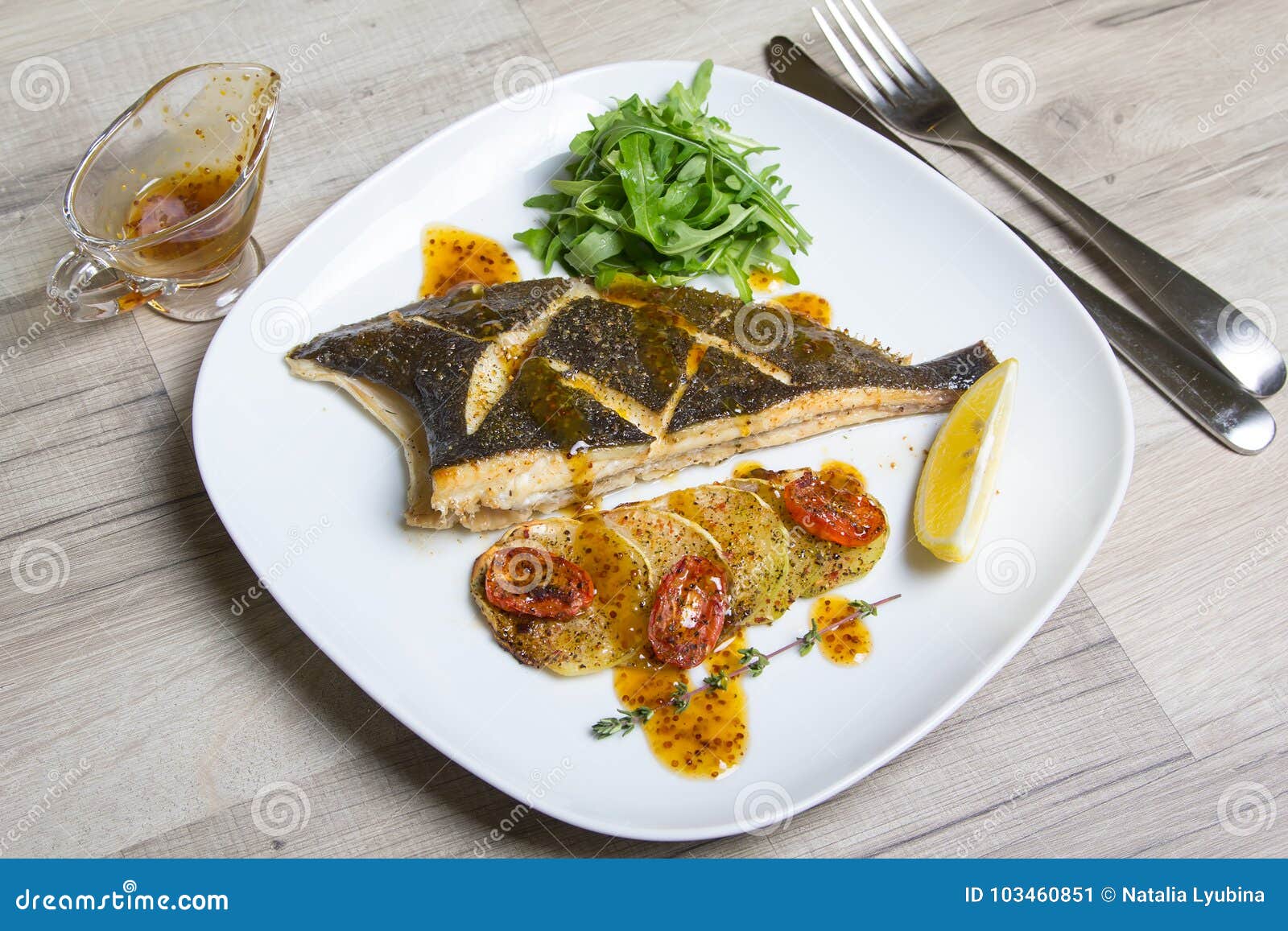 Fried Flounder with Zucchini, Tomatoes and Arugula. Stock Image Image