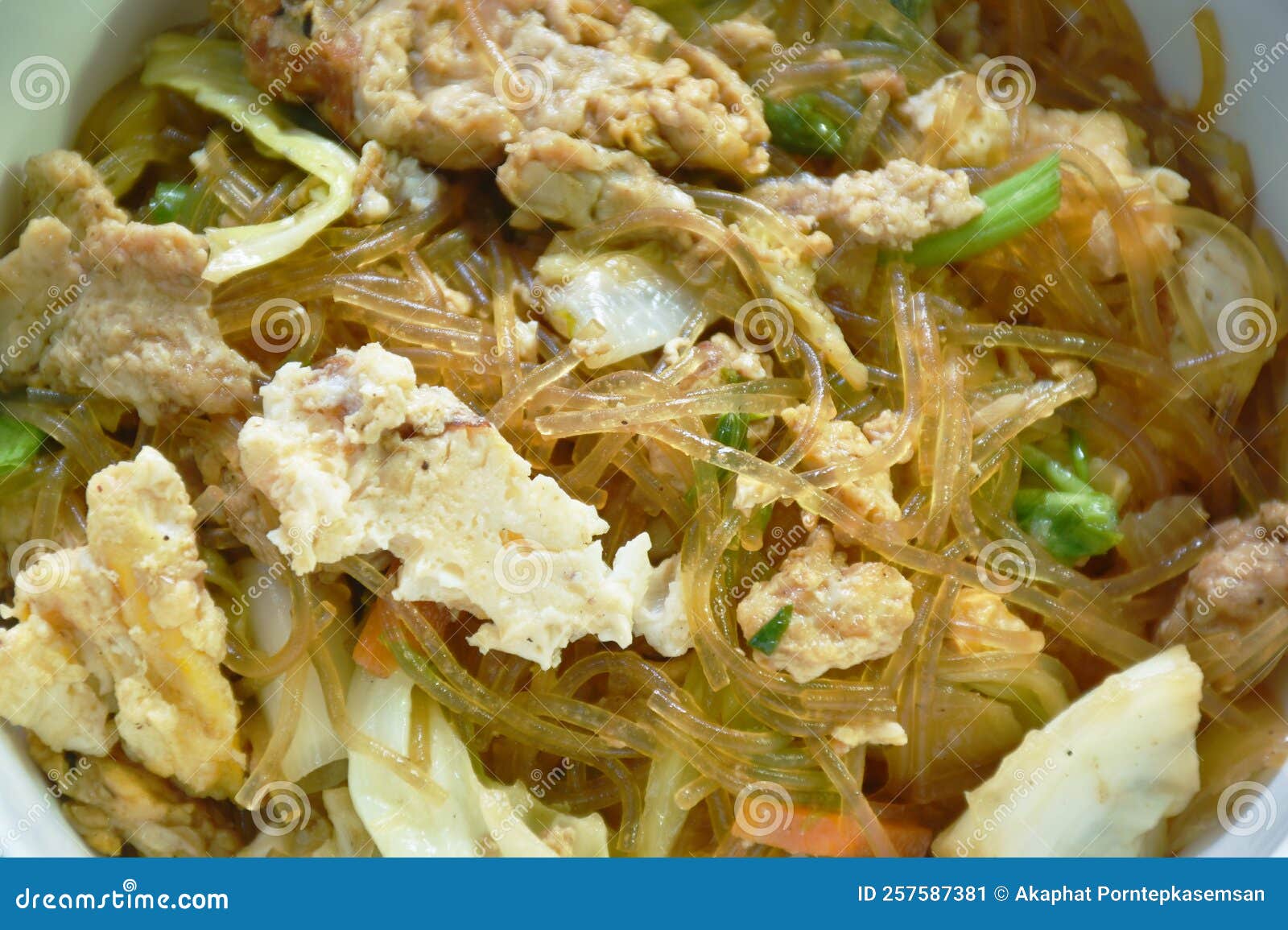 Fried Glass Noodles Slice Pork and Cabbage with Egg on Bowl Stock Image