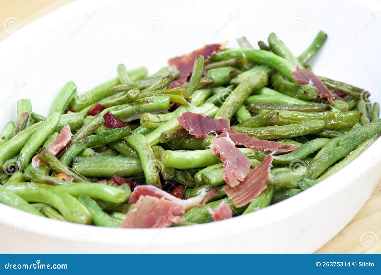 Fried green beans with ham stock photo. Image of meat 26375314