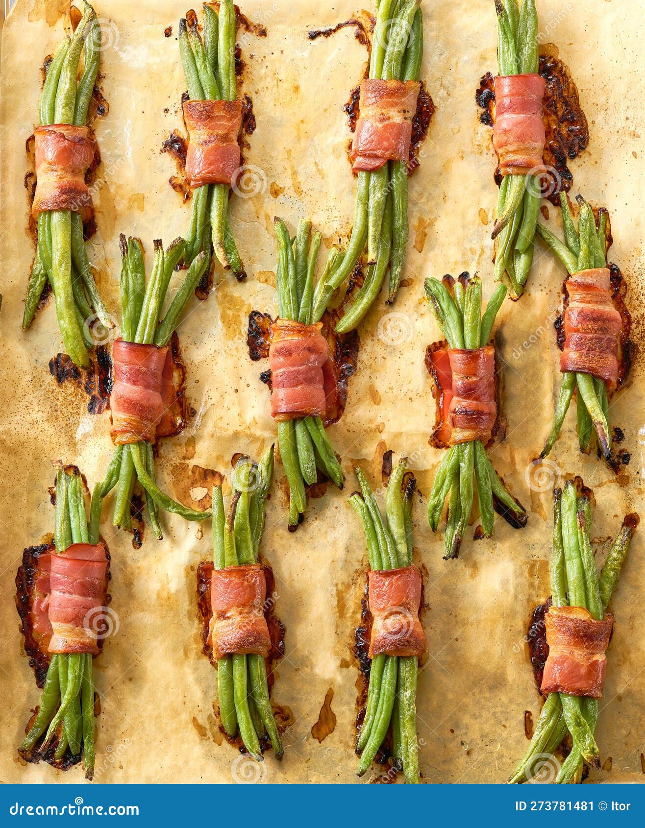 Fried Green Beans Wrapped in Bacon Close Up. Green Beans Rolled in
