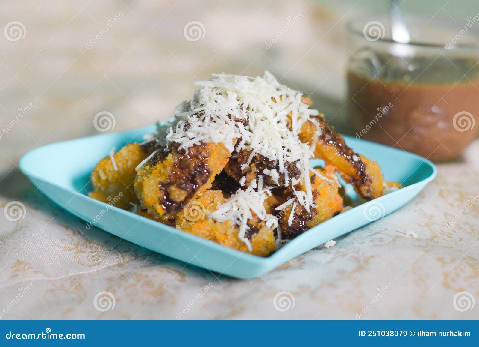 Fried Jackfruit with Chocolate Sauce and Cheese Stock Image Image of