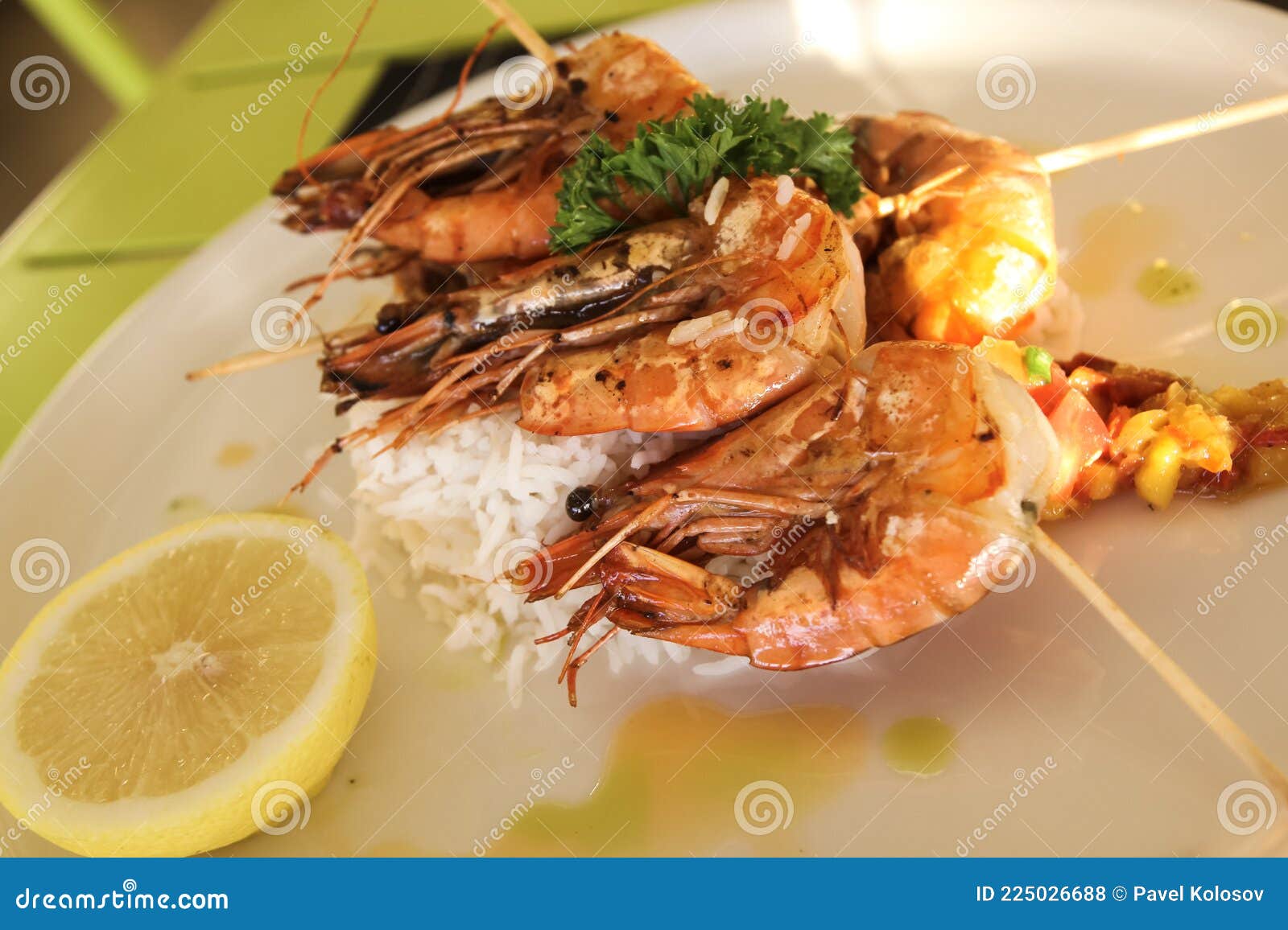Fried King Prawns with Rice and Lemon Stock Photo Image of seafood