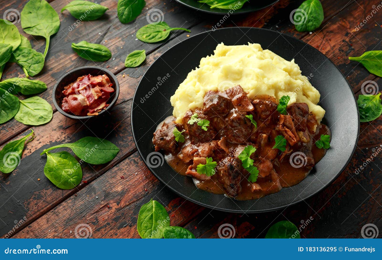 Fried Liver, Bacon in Onion Gravy with Mashed Potato Stock Image