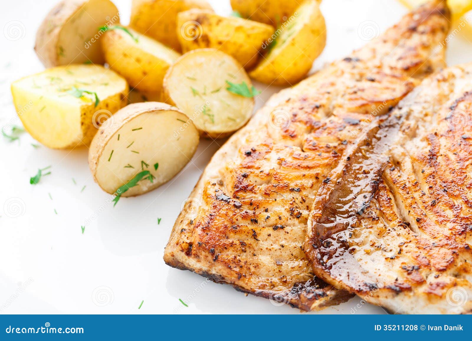 Fried Mackerel with Baked Potato Stock Photo Image of dill, grilled