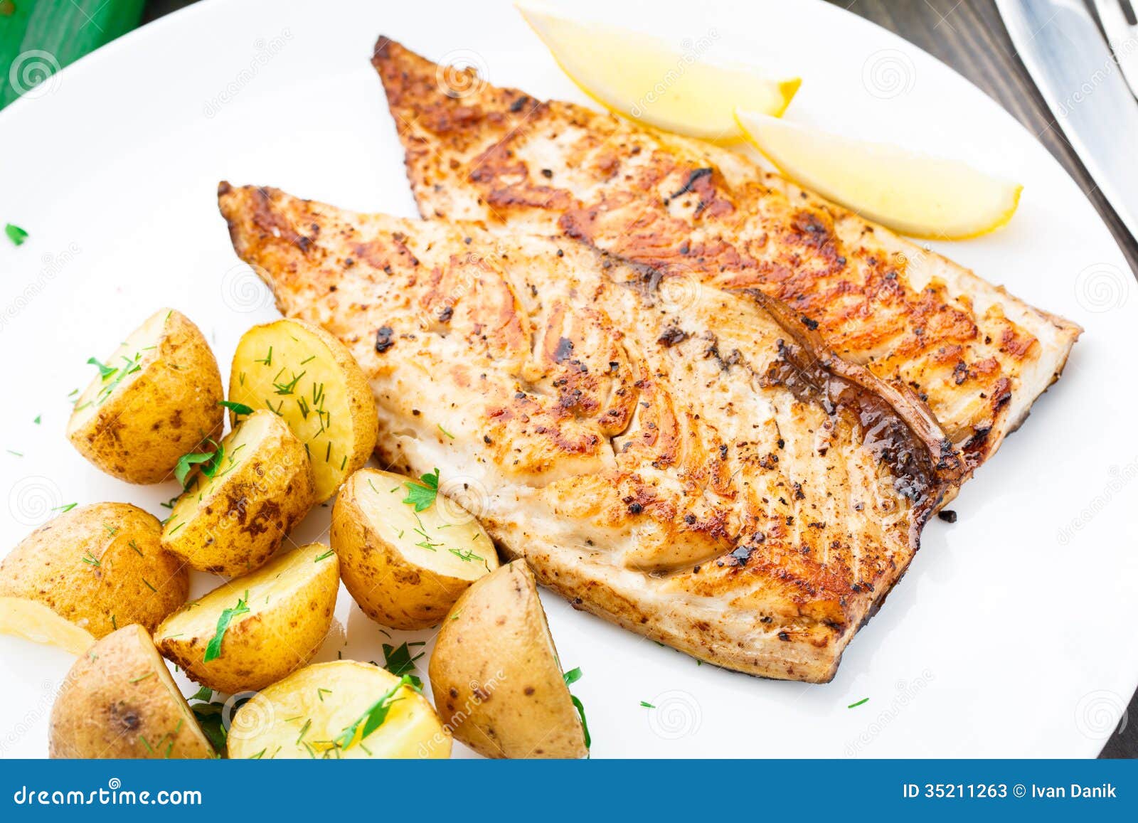 Fried Mackerel with Baked Potato Stock Image Image of dill, skin