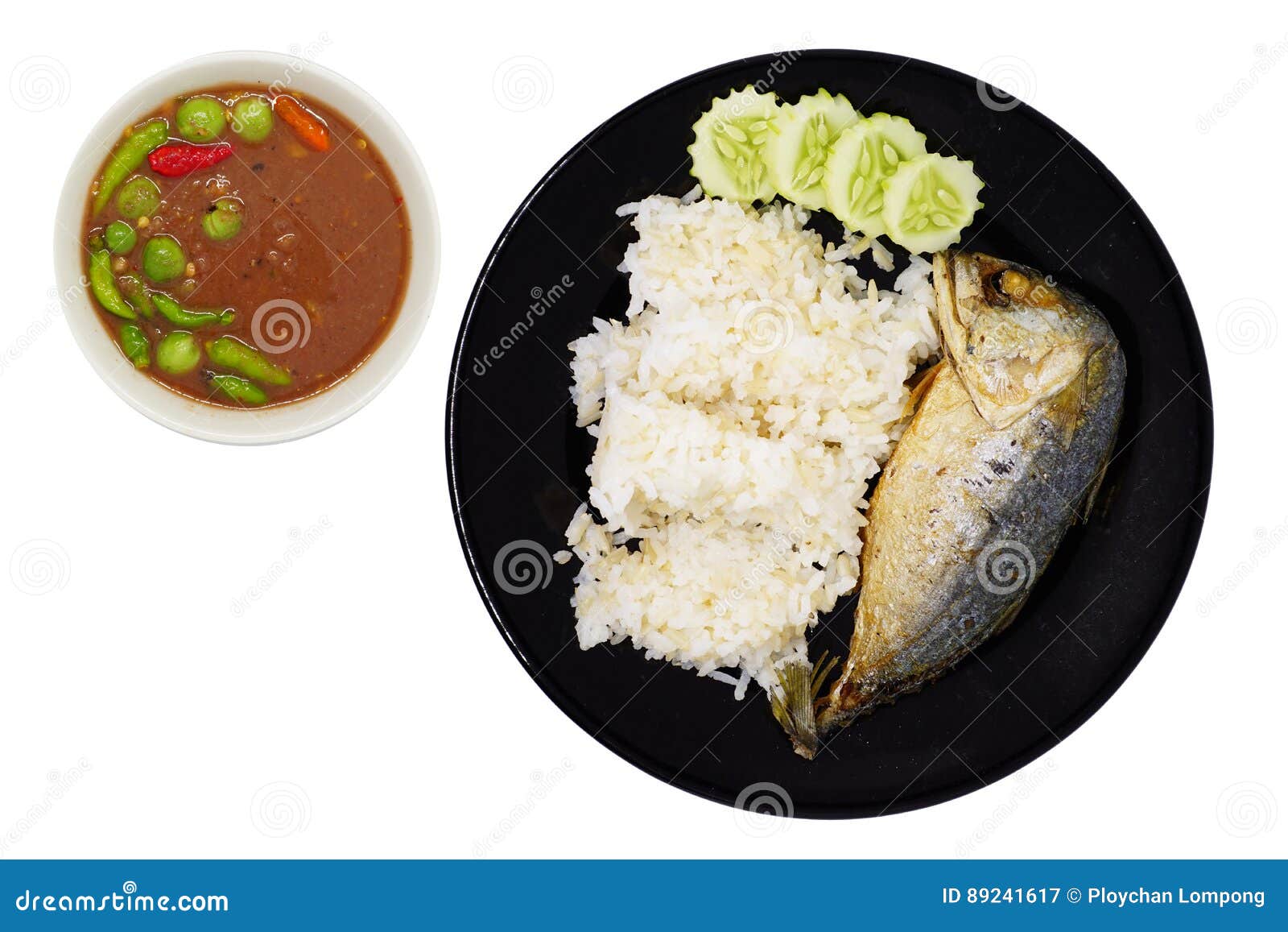 Fried Mackerel and Brown Rice with Spicy Shrimp Paste Sauce Stock Image