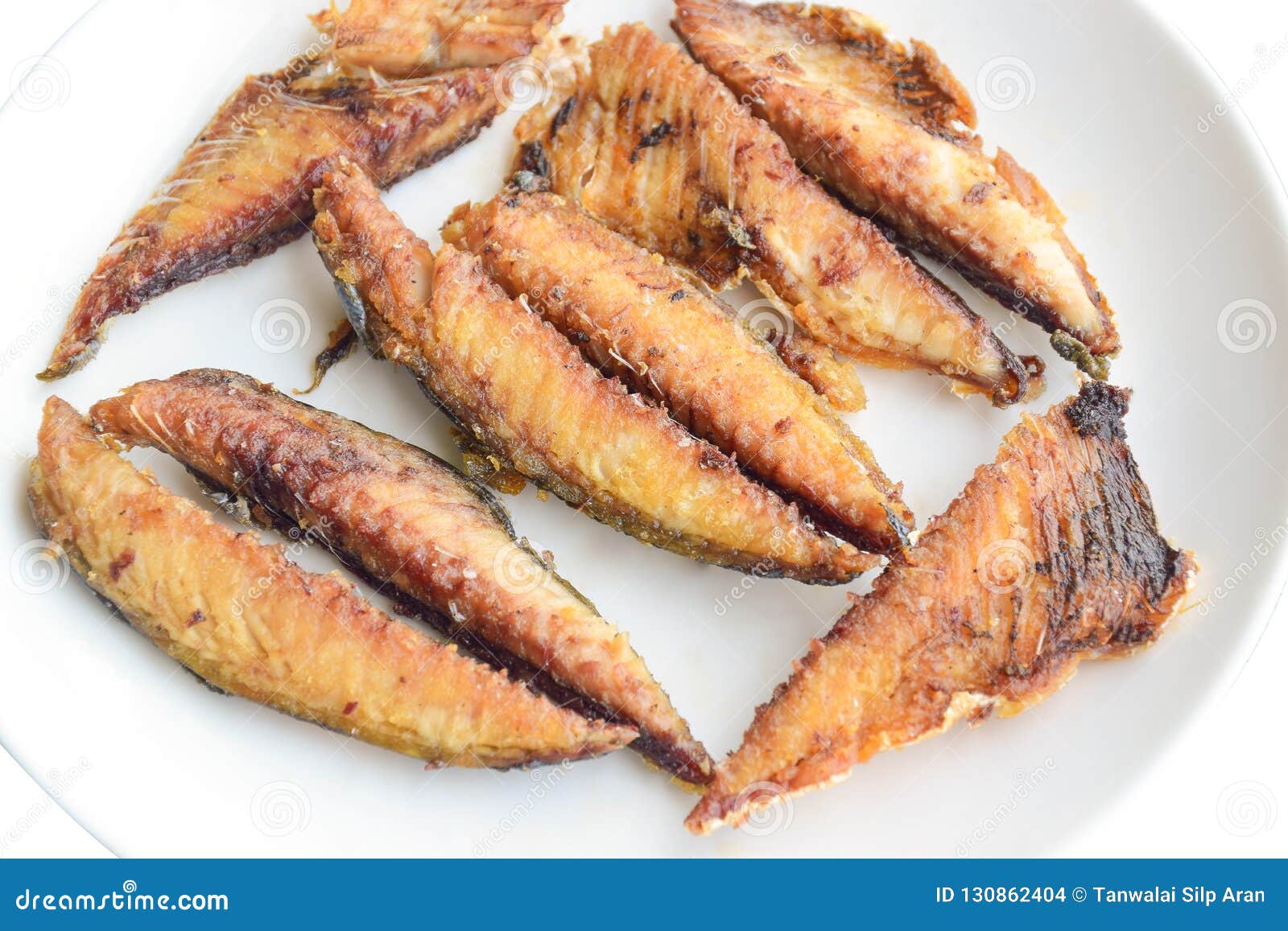 Fried Mackerel Fish Meat in White Dish Isolated 181105 0028 Stock Photo