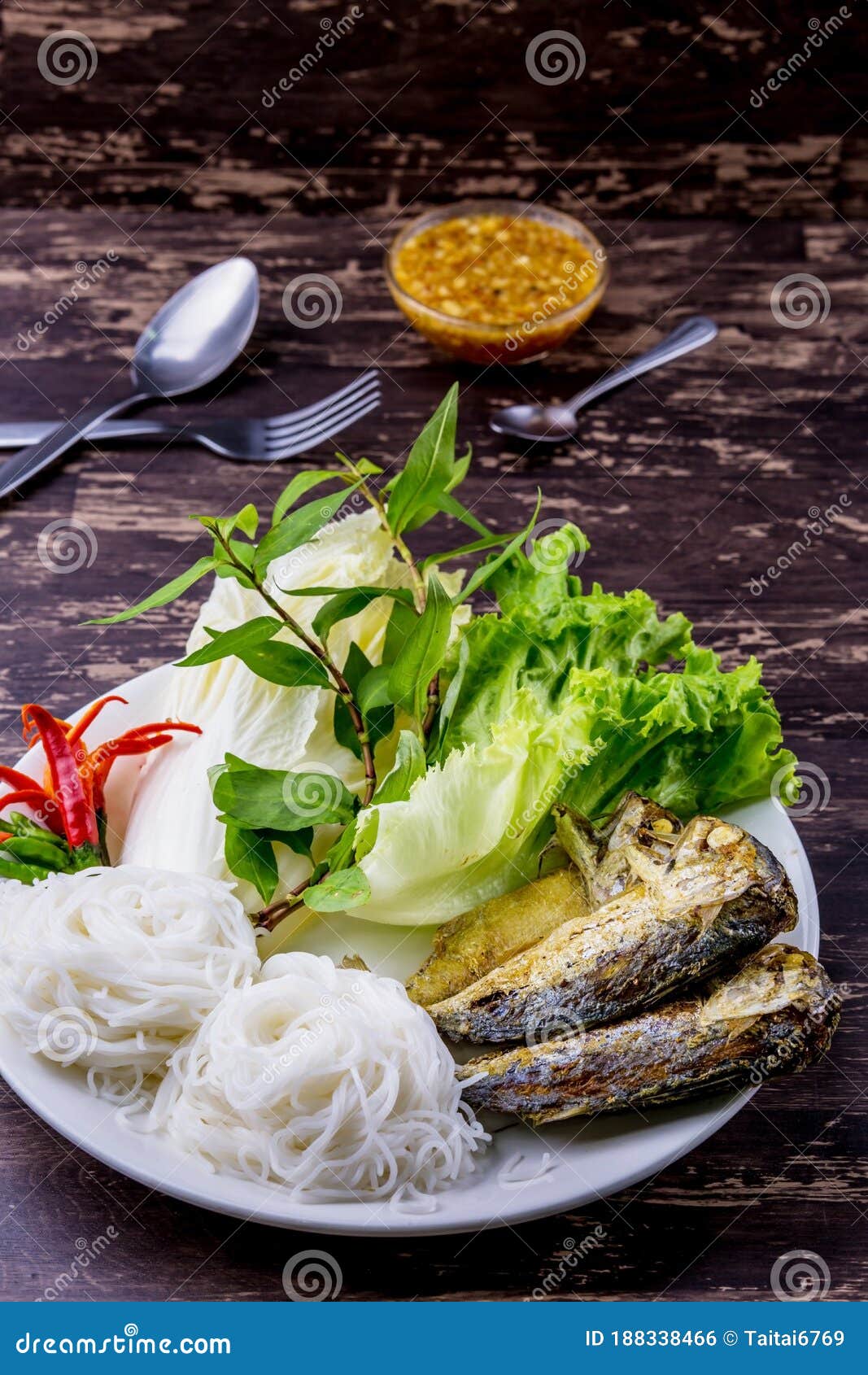Fried Mackerel with Thai Rice Noodles Stock Photo Image of tasty