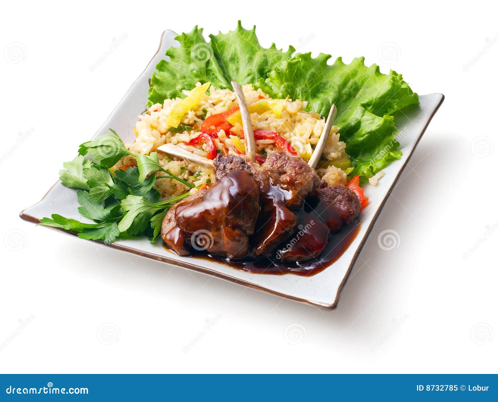 Fried Meat Ribs in Sauce with Rice Salad... Stock Image Image of