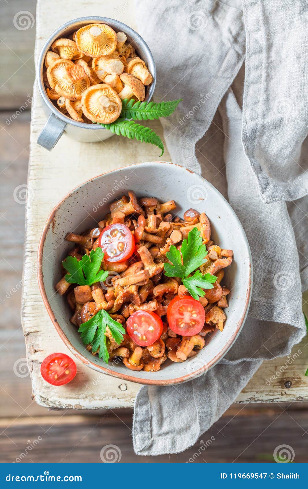 Fried Mushrooms with Cherry Tomatoes and Parsley Stock Image Image of