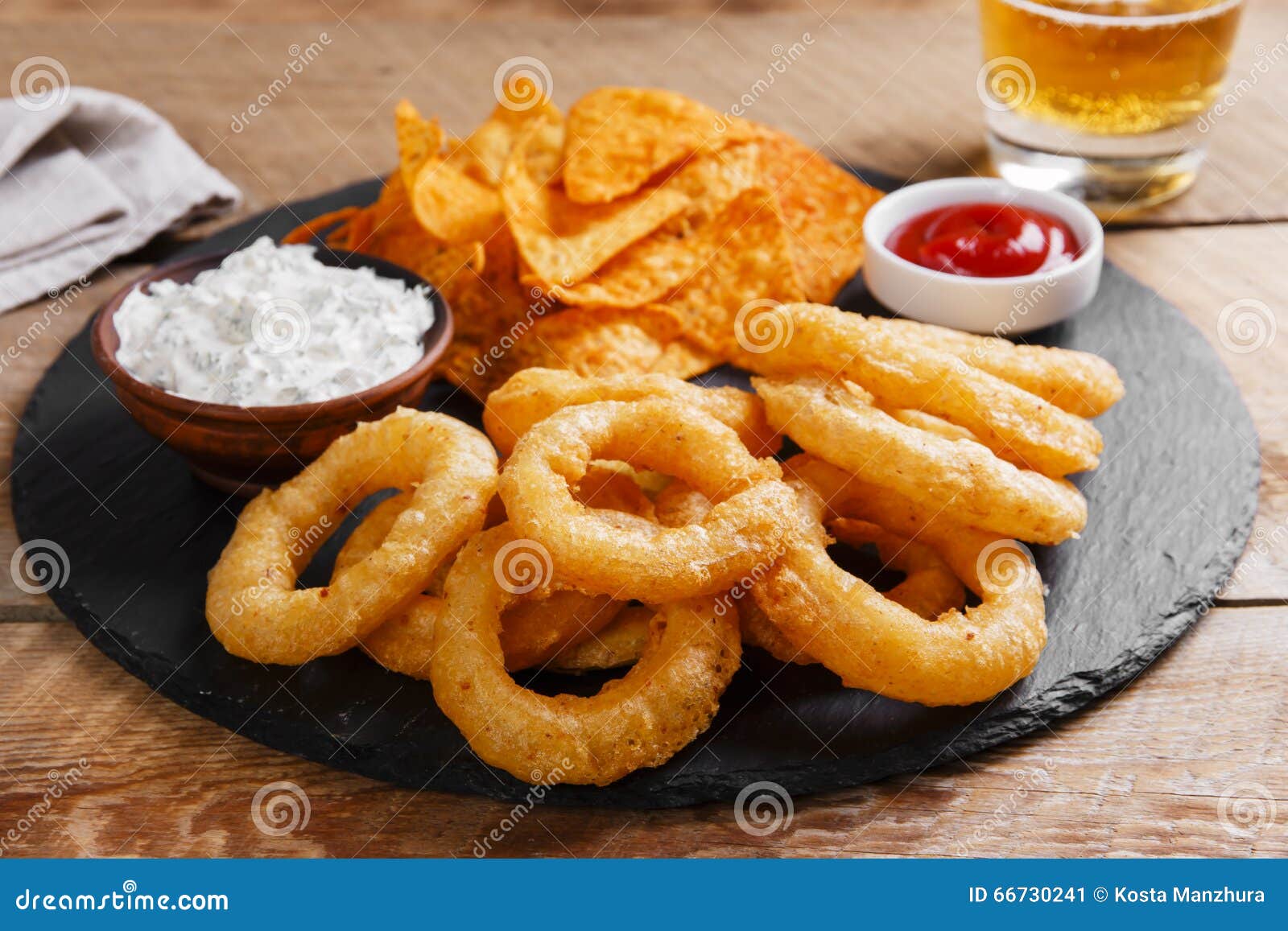 Fried Onion Rings in Batter with Sauce Chips Stock Image Image of