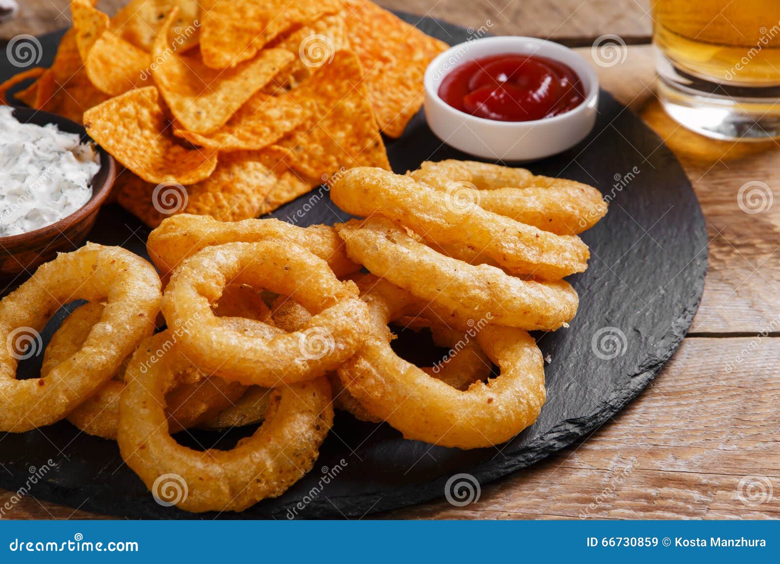 Fried Onion Rings in Batter with Sauce Chips Stock Image Image of