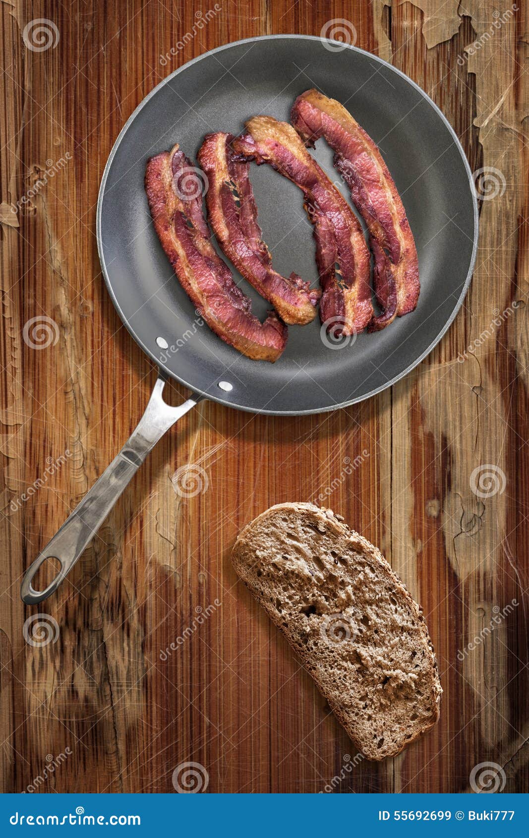 Fried Pork Ham Rashers In Teflon Frying Pan With Slice Of ...