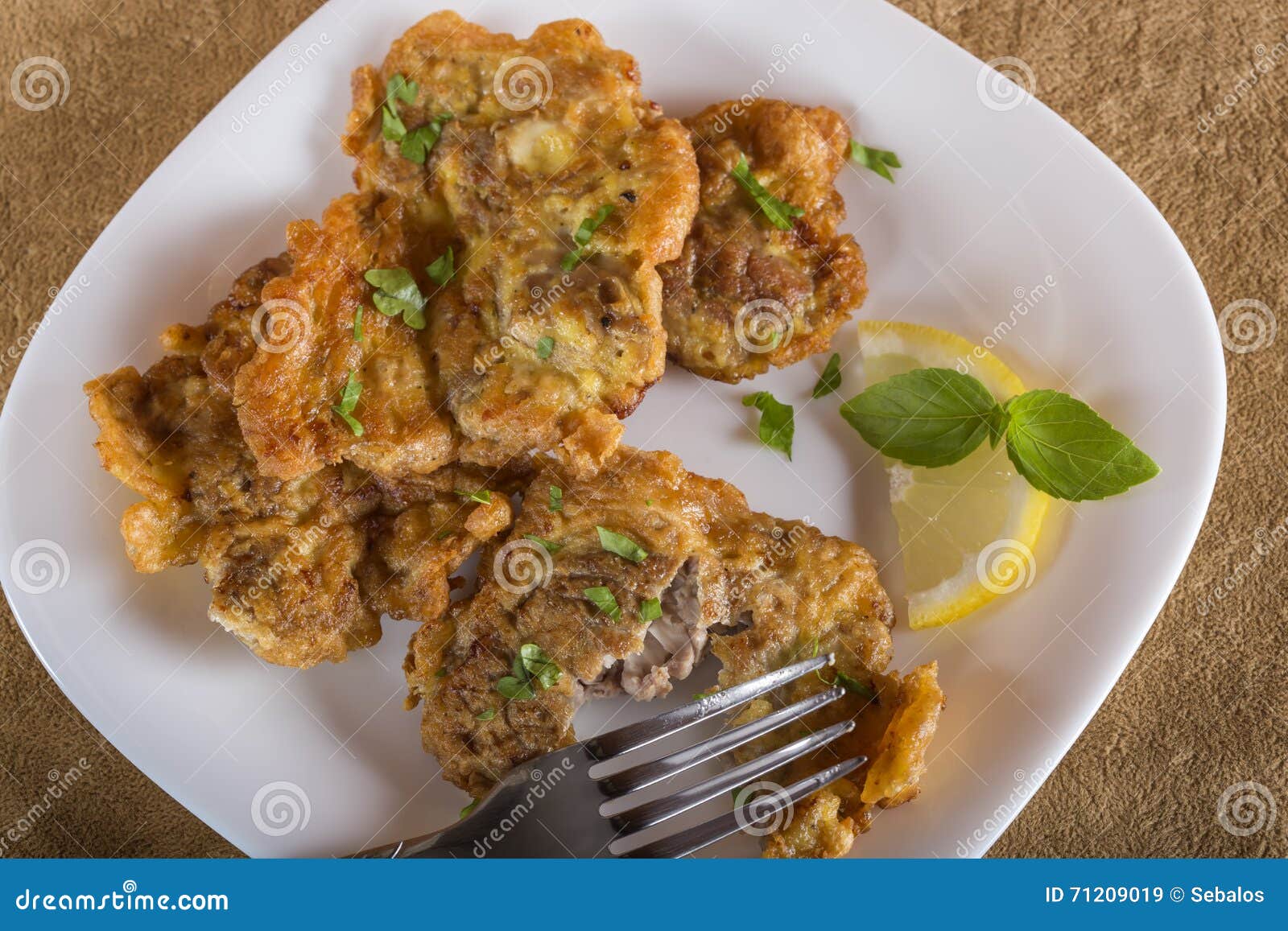 Fried pork brain stock image. Image of fork, parsley 71209019