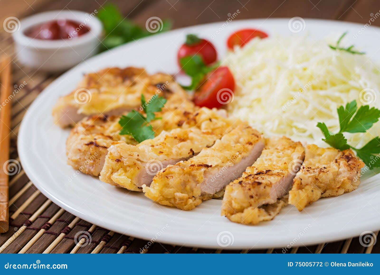 Fried Pork Cutlet with Fresh Cabbage Salad Stock Photo Image of meal