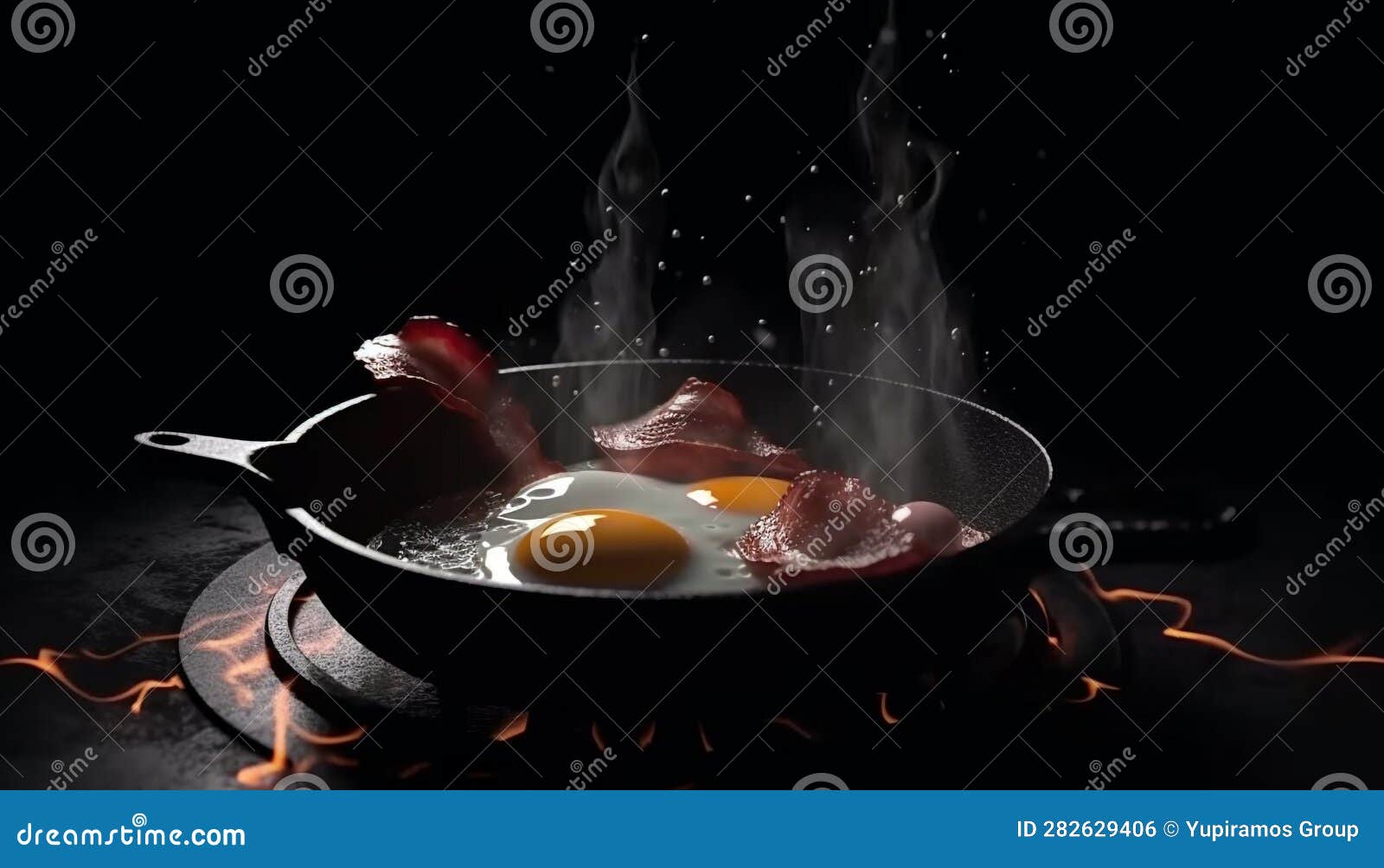 Fried Pork and Egg on Cast Iron, Cooking in Flame Generated by AI Stock