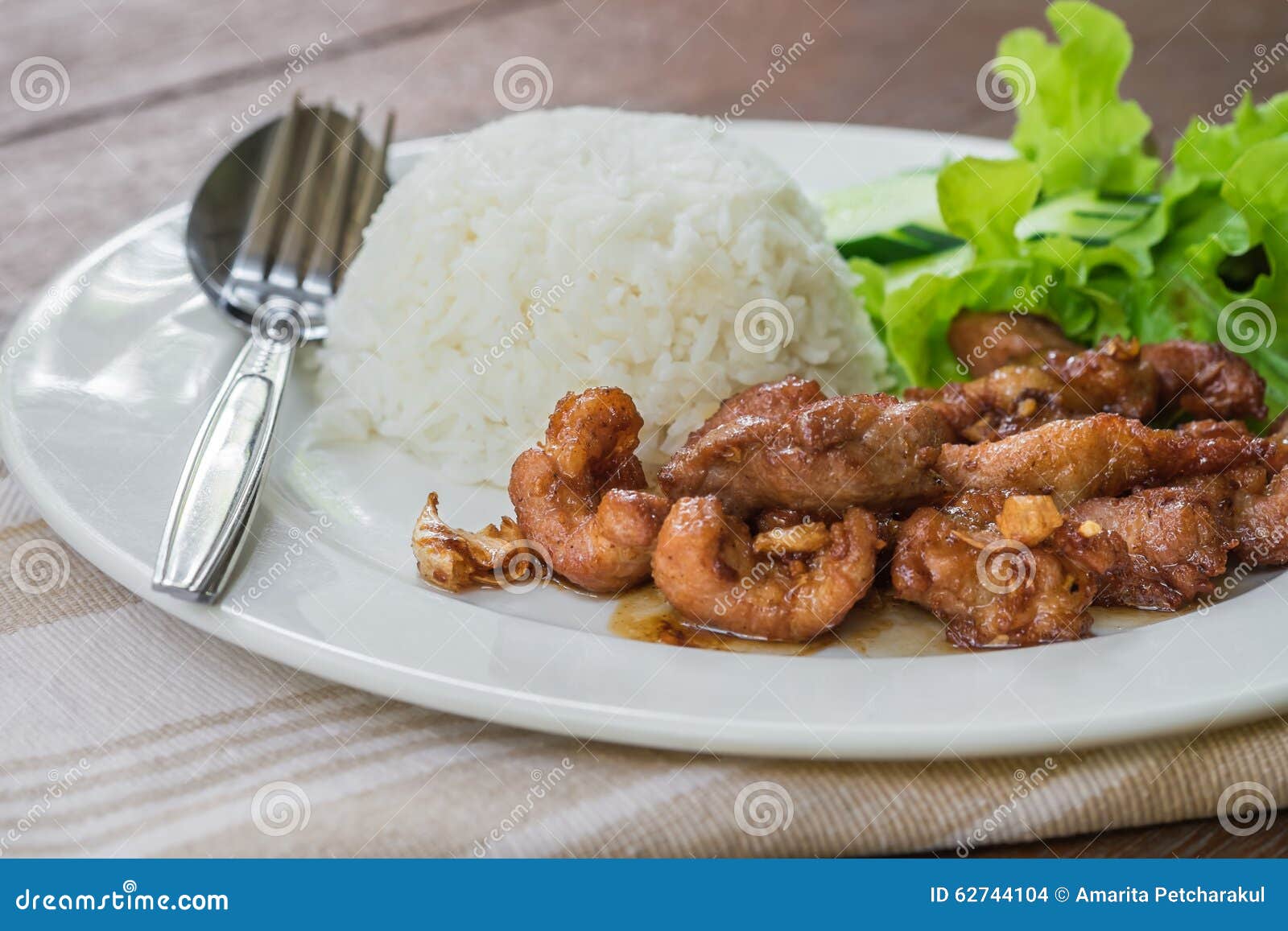 Fried Pork with Garlic and Rice, Thai Food Stock Photo Image of fork, cuisine 62744104