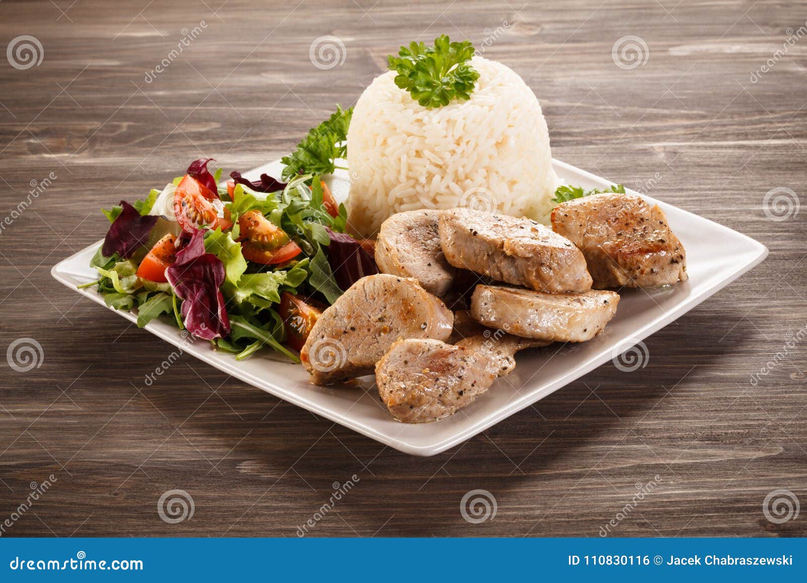Fried Pork Loin,white Rice and Vegetable Salad Stock Photo - Image of