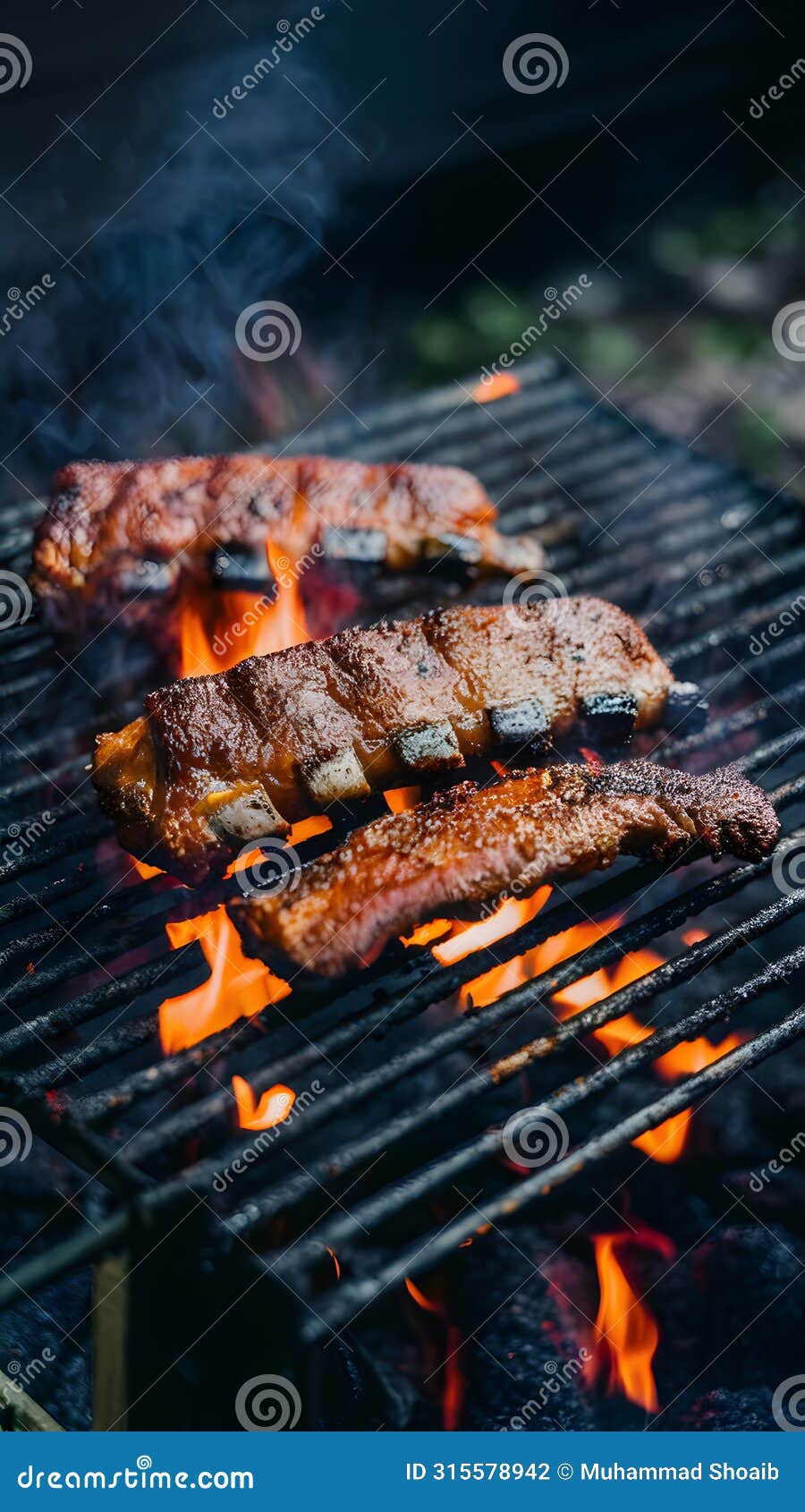 fried pork ribs grilling on open flame, flavorful street food