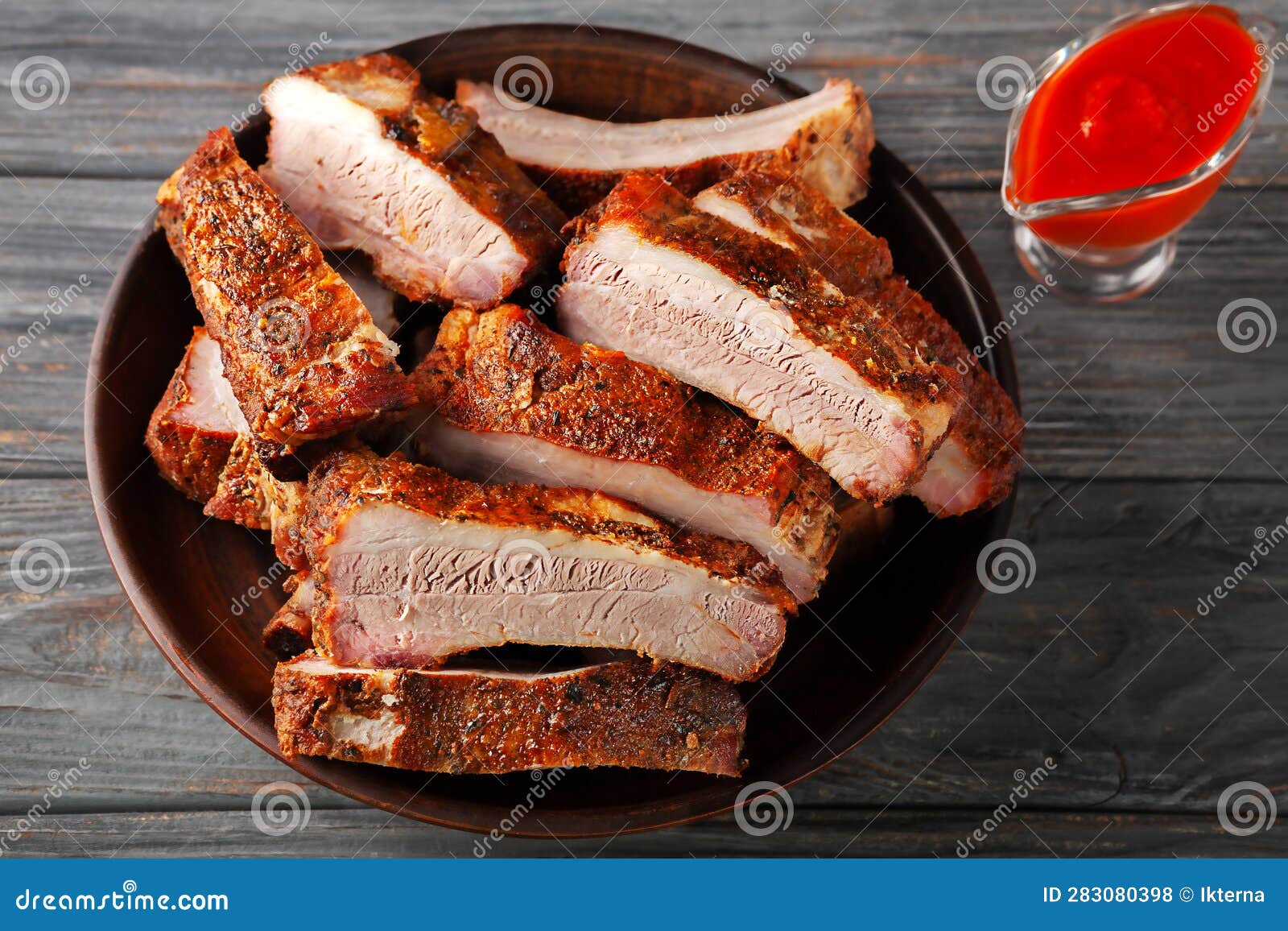 Fried Pork Ribs Served on a Plate with Tomatoes and Ketchup Stock Photo Image of meat, rustic