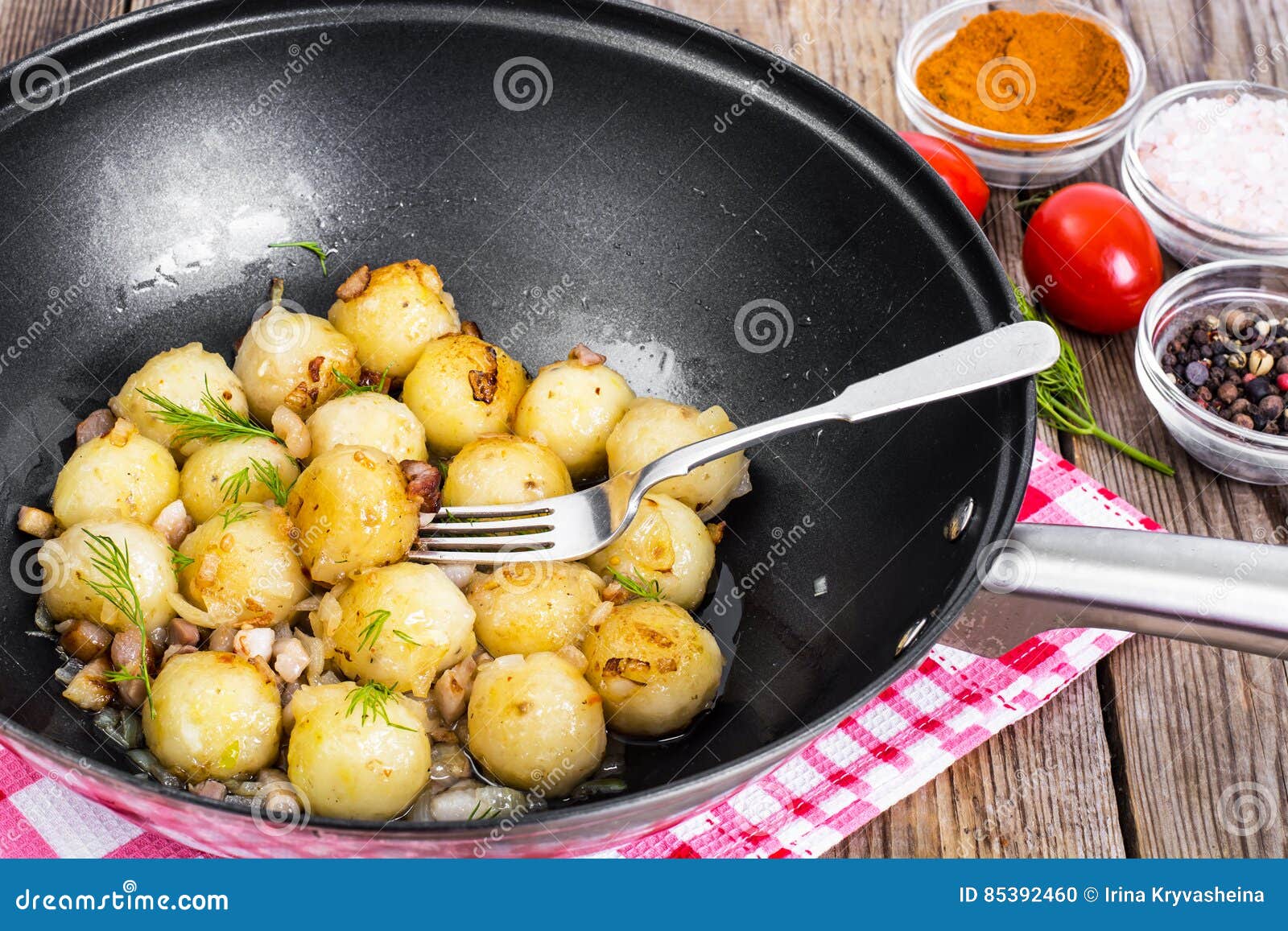 Fried Potato Dumplings with Bacon in Frying Pan Stock Photo Image of