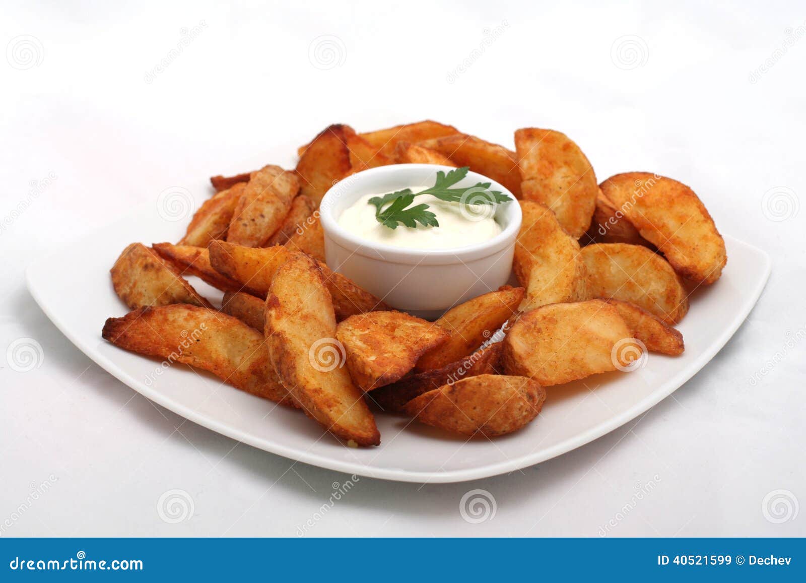Fried Potato Wedges with White Sauce on Plate Stock Image Image of