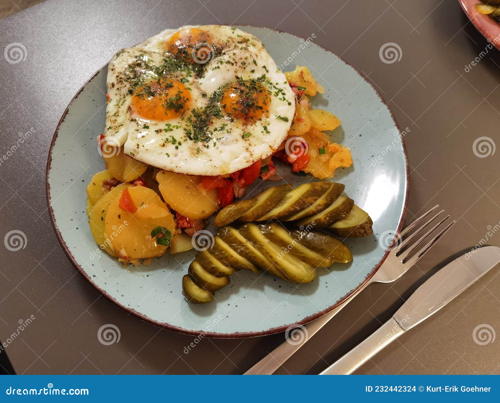 Fried Potatoes with Fried Eggs Stock Photo Image of food, cuisine