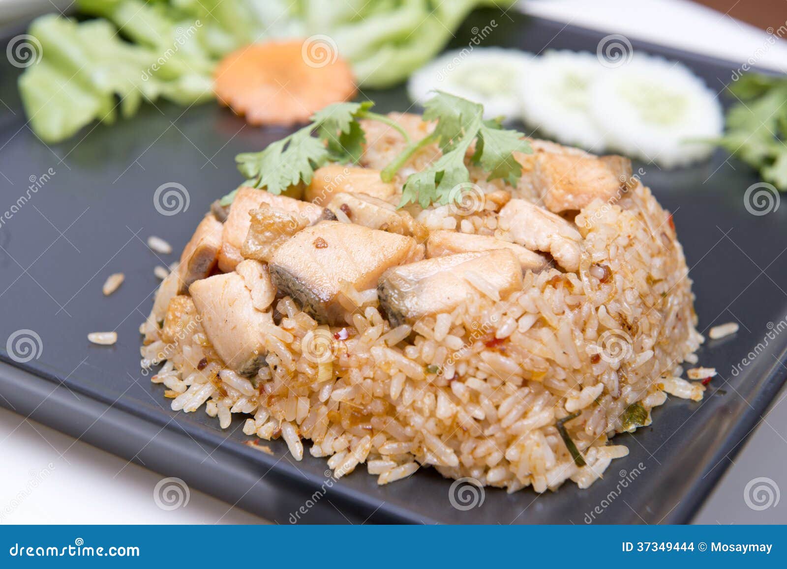 Fried Rice Garlic with Roast Salmon Stock Photo Image of dining