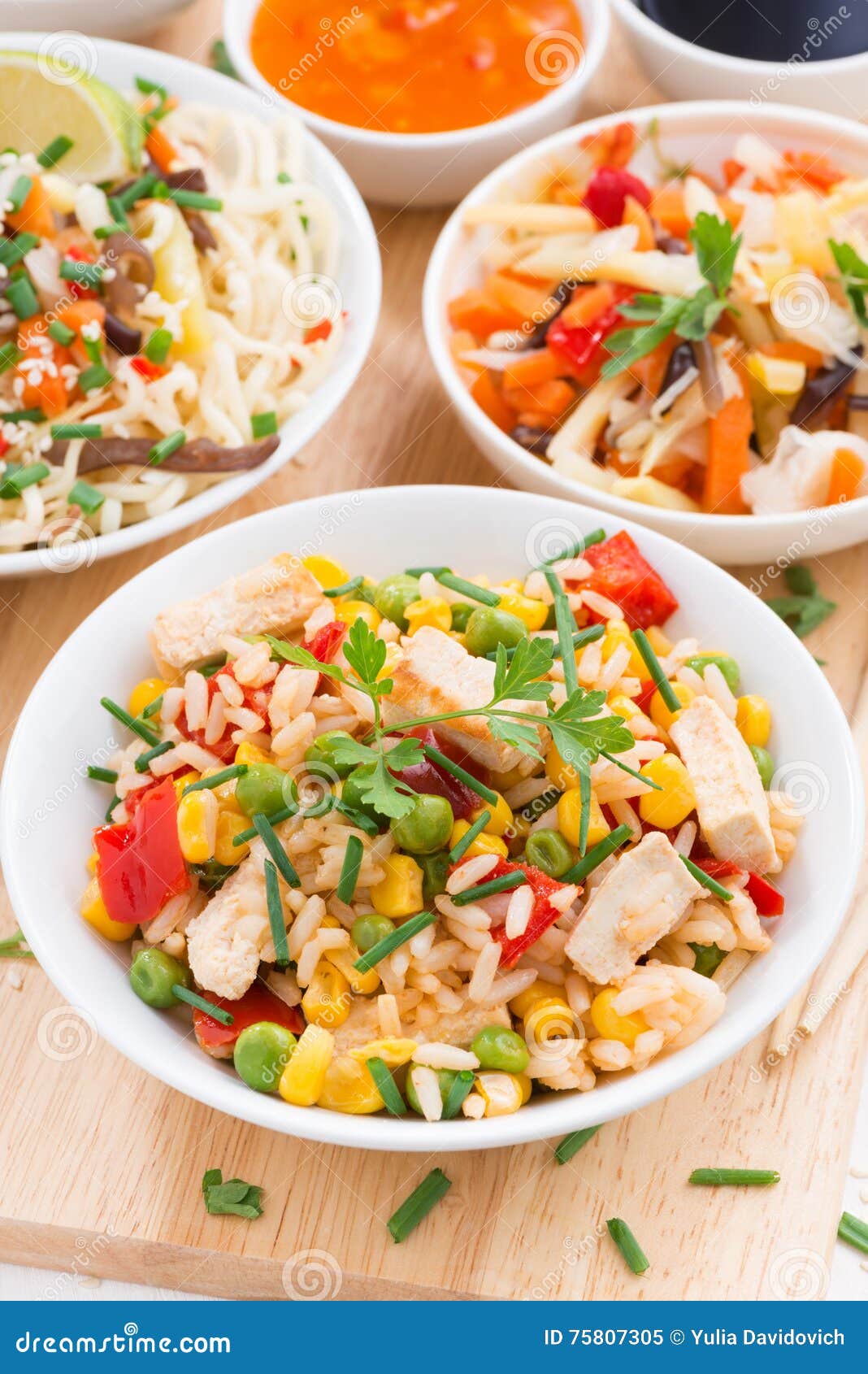 Fried Rice with Tofu, Noodles with Vegetables and Herbs Stock Image